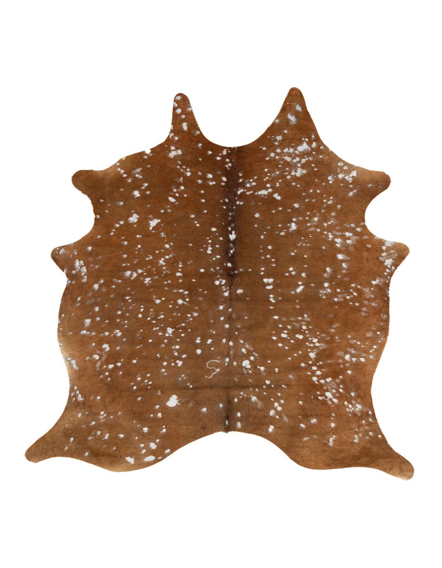 A 6'5" x 6'10" freeform brown cowhide rug with white speckles, suitable for a modern living room.