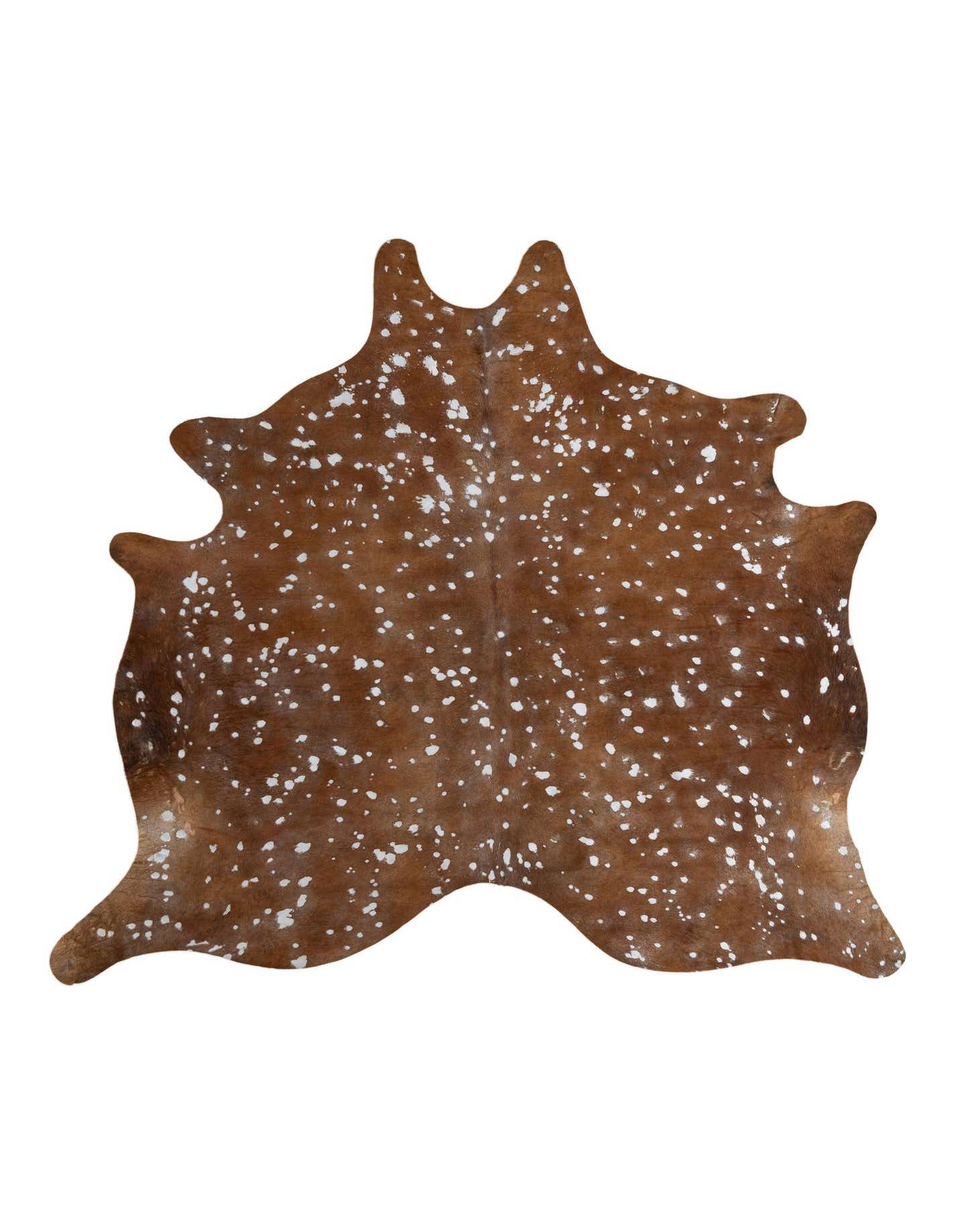 A freeform brown and tan cowhide rug with white speckles, showcasing its unique natural shape and texture.