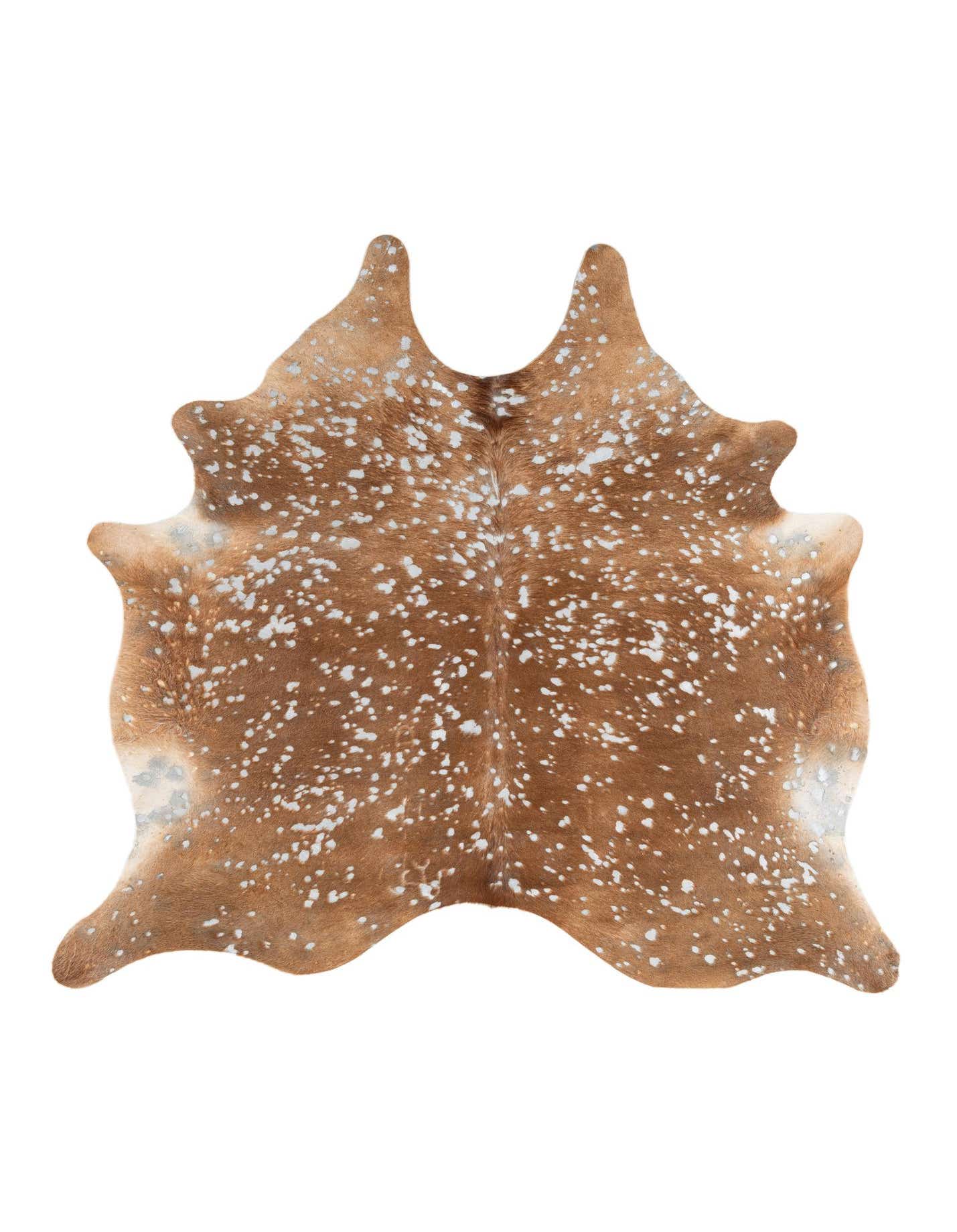 A 6' x 6'4 freeform cowhide rug with natural brown and tan tones, speckled with white spots, showcasing its unique shape.