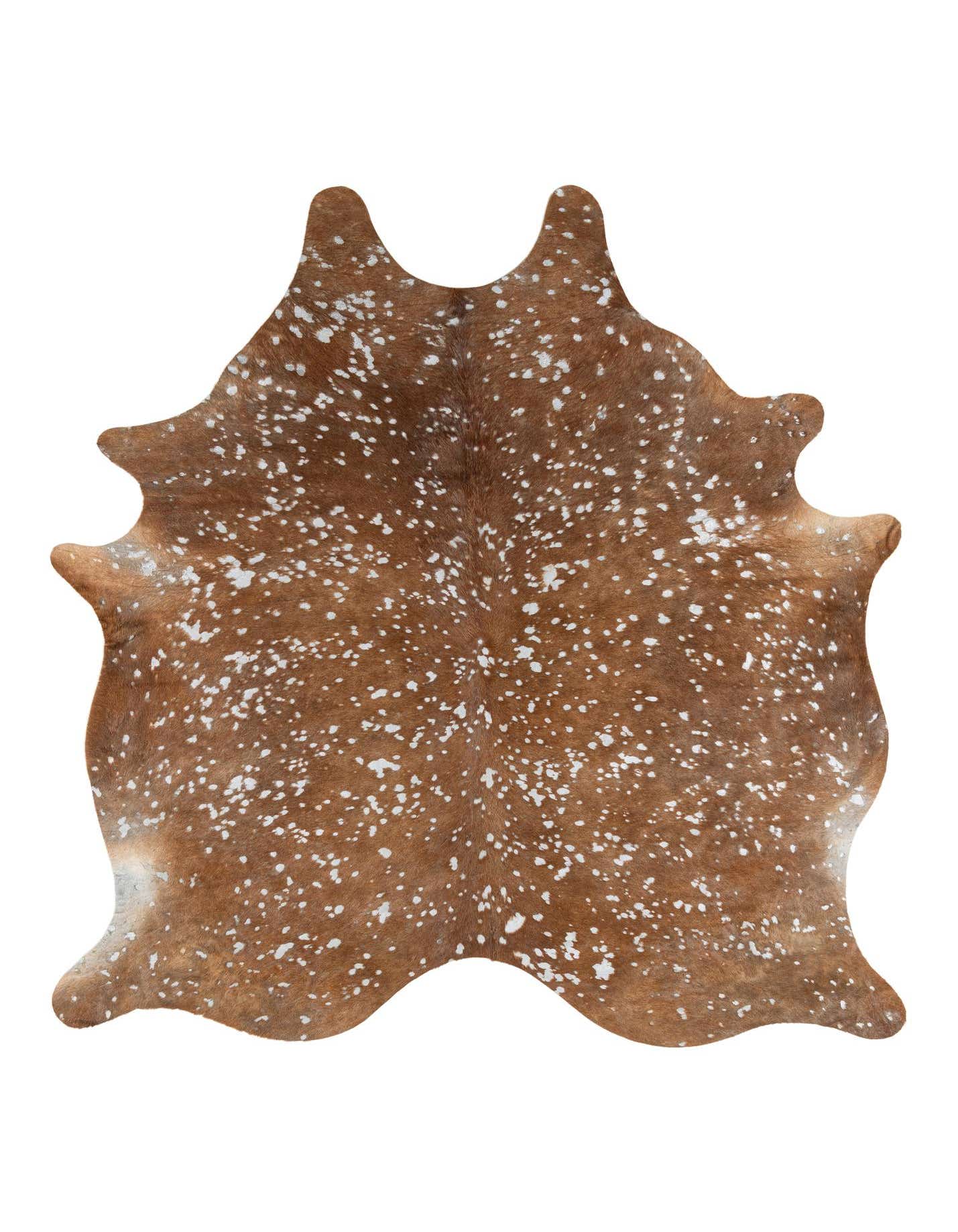 A brown and tan freeform cowhide rug with white speckles, showcasing its unique natural shape and texture.