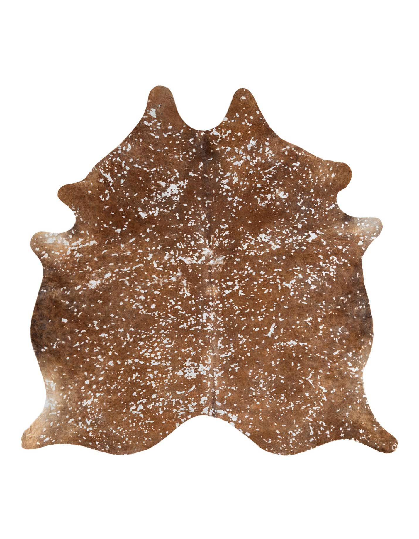 A 7' 0 x 7' 6 freeform brown and white speckled cowhide rug with a flat pile, suitable for modern indoor spaces.