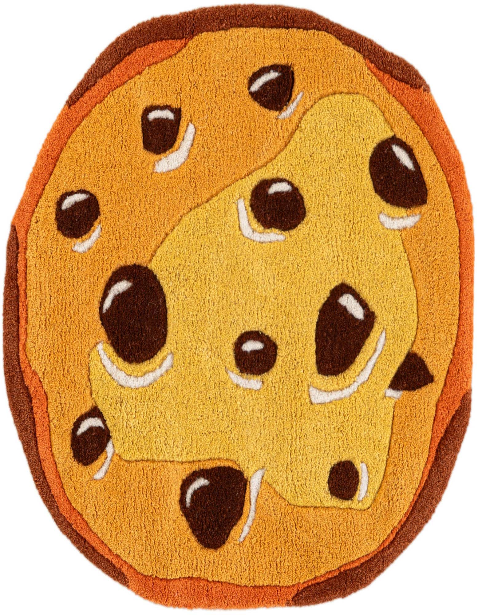 A round, freeform rug designed to look like a chocolate chip cookie, featuring shades of tan and brown with a high pile.