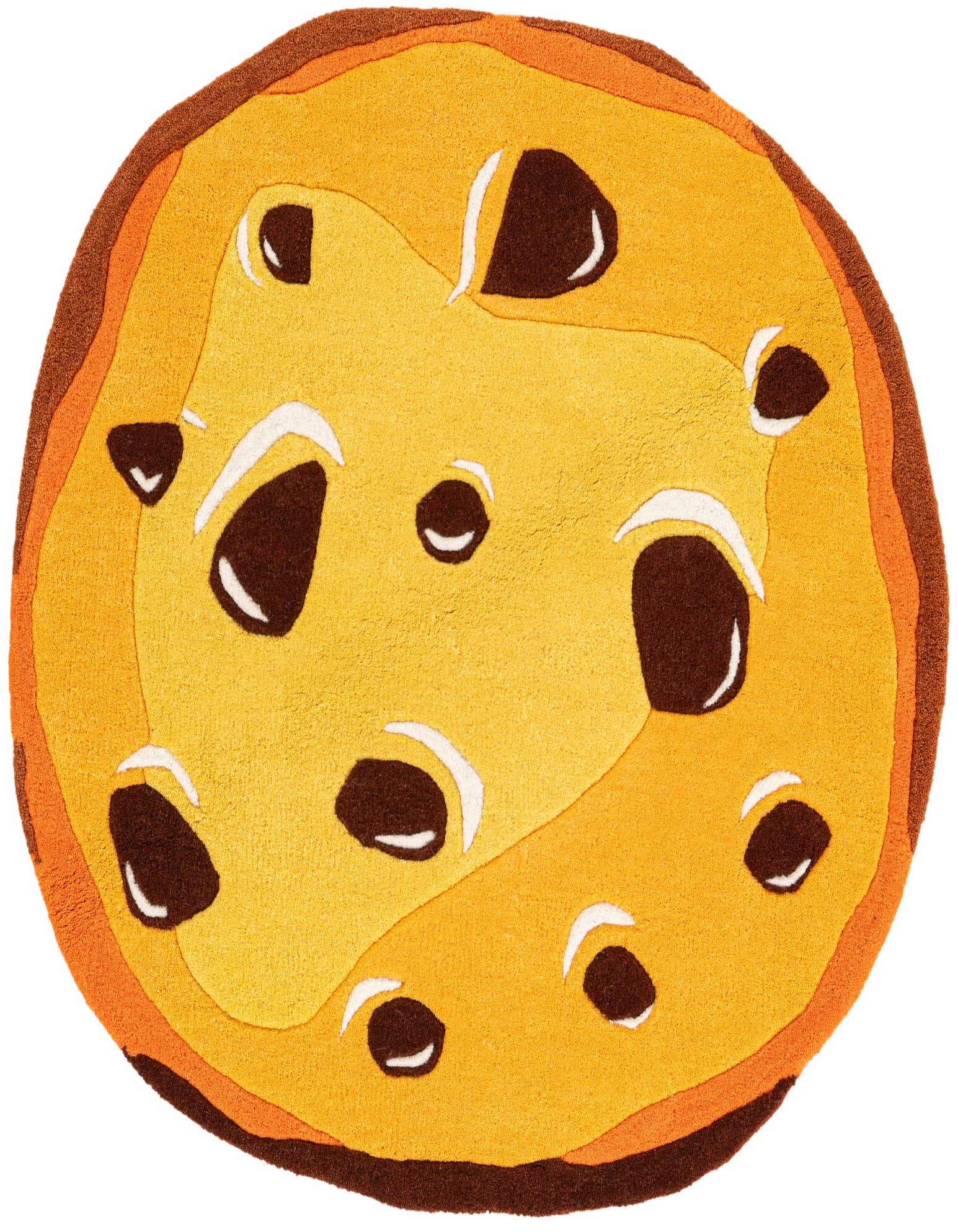 A round, freeform rug designed to look like a chocolate chip cookie, featuring shades of tan, brown, and white.