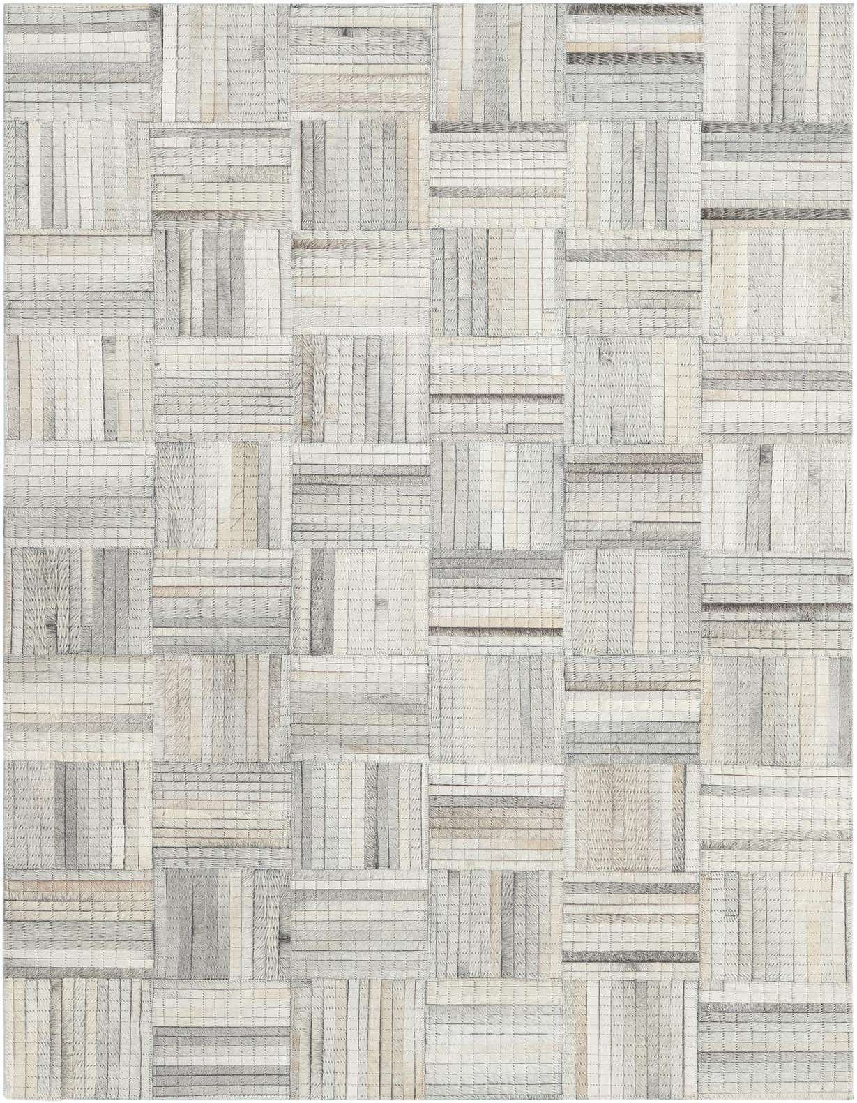 A 3x5 rectangular Cowhide Leather rug featuring a modern abstract patchwork design in light brown and ivory tones.