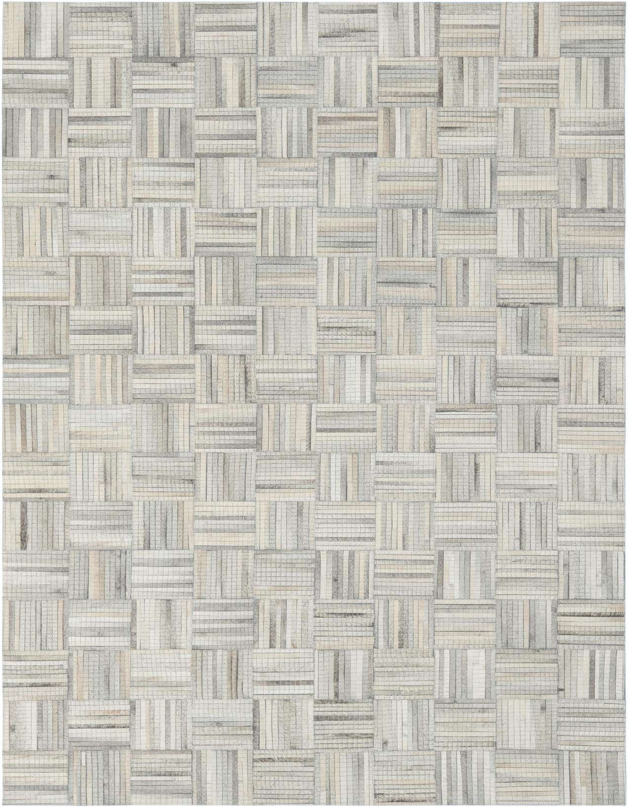 A 5x8 rectangular Cowhide Leather rug featuring a modern, abstract basketweave pattern in varied light brown and ivory tones.