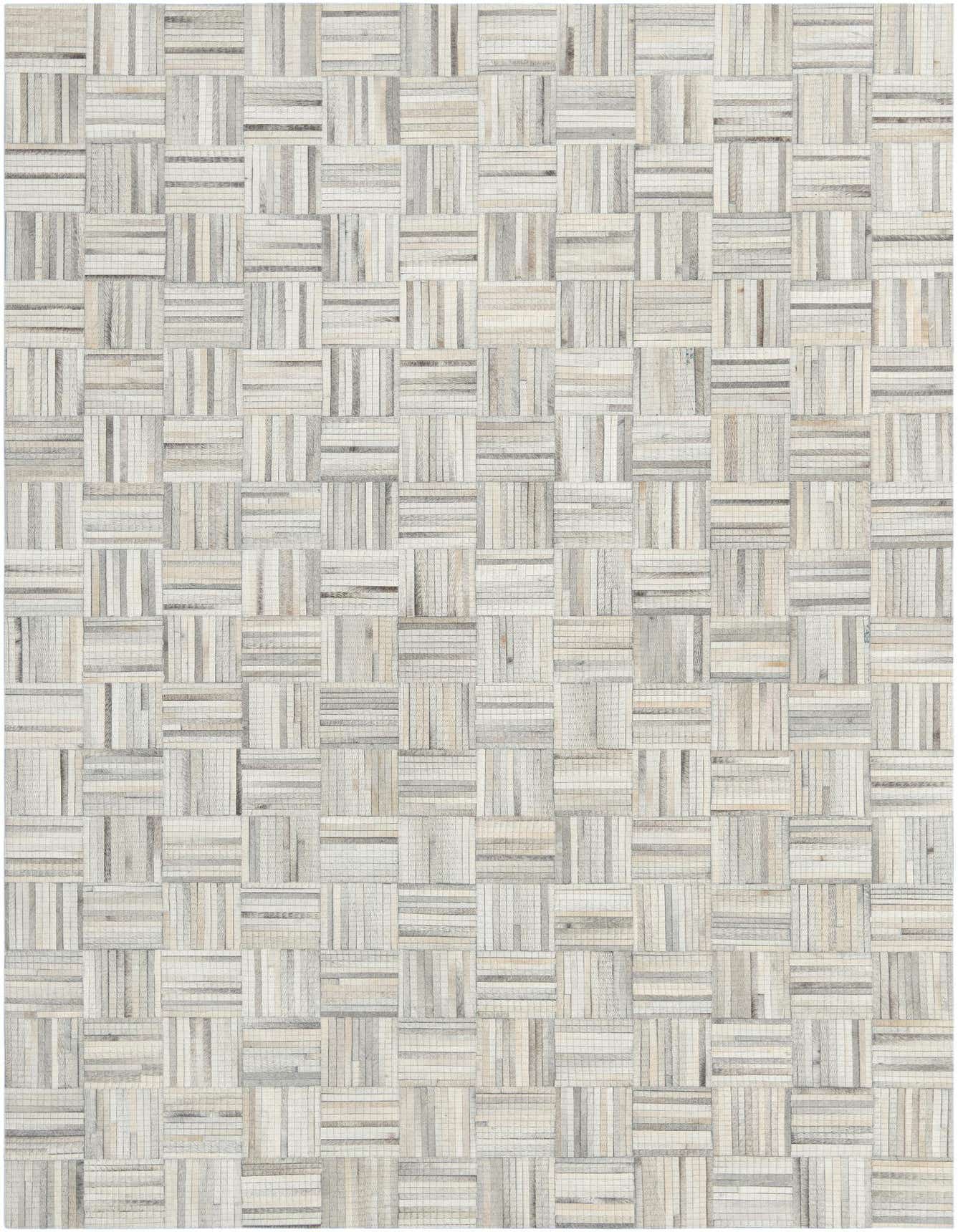 A 6x9 rectangular light brown and ivory modern cowhide and leather rug with an abstract checkered pattern.