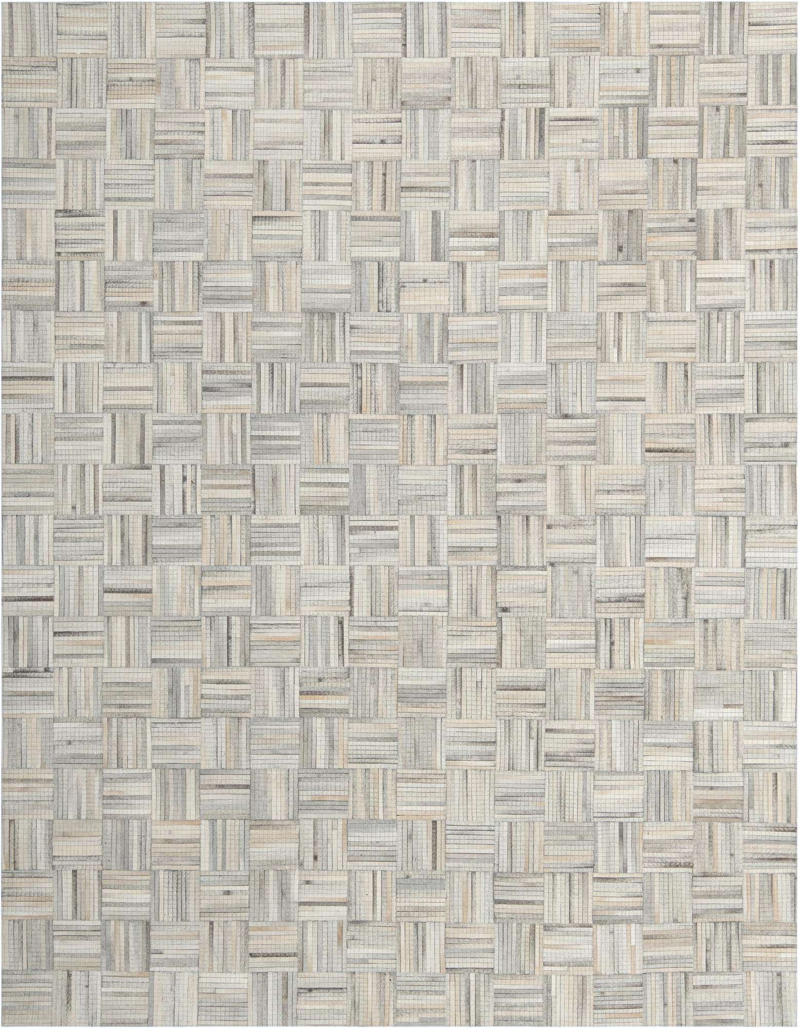 An 8x10 rectangular light brown and ivory cowhide leather rug with a modern, abstract checkerboard pattern.