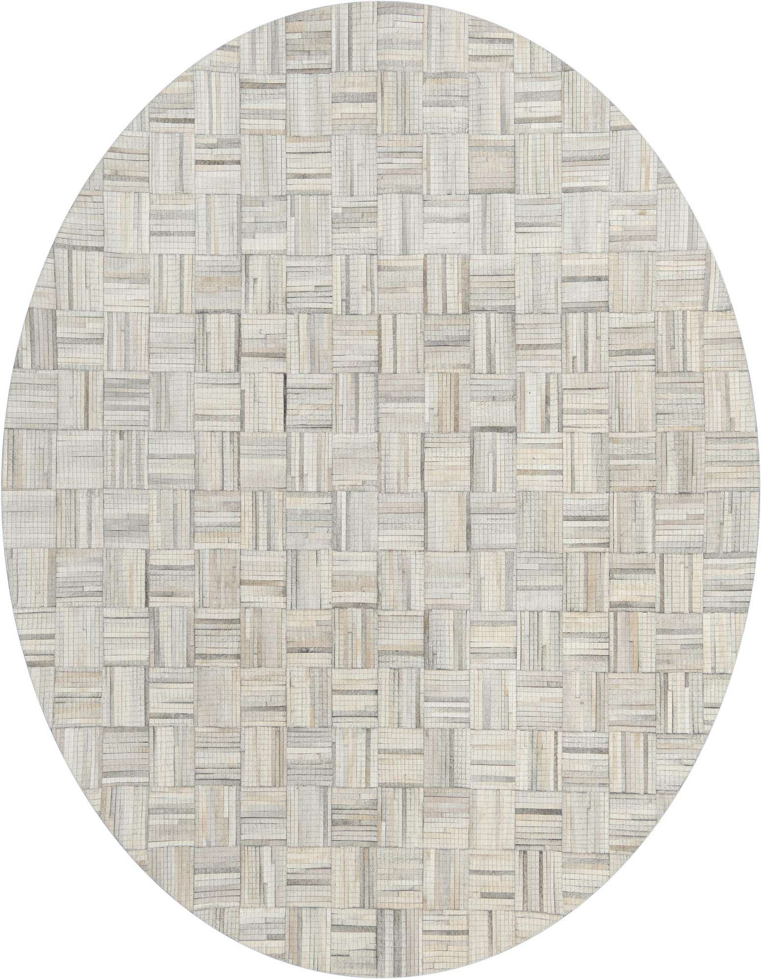 A round 7' 10 x 7' 10 Cowhide Leather rug featuring a modern abstract pattern in light brown and ivory tones.