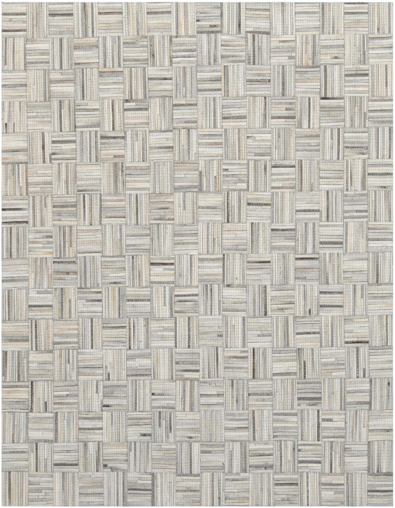 A square 7' 10 x 7' 10 light brown and ivory cowhide rug with a modern, abstract checkerboard pattern.