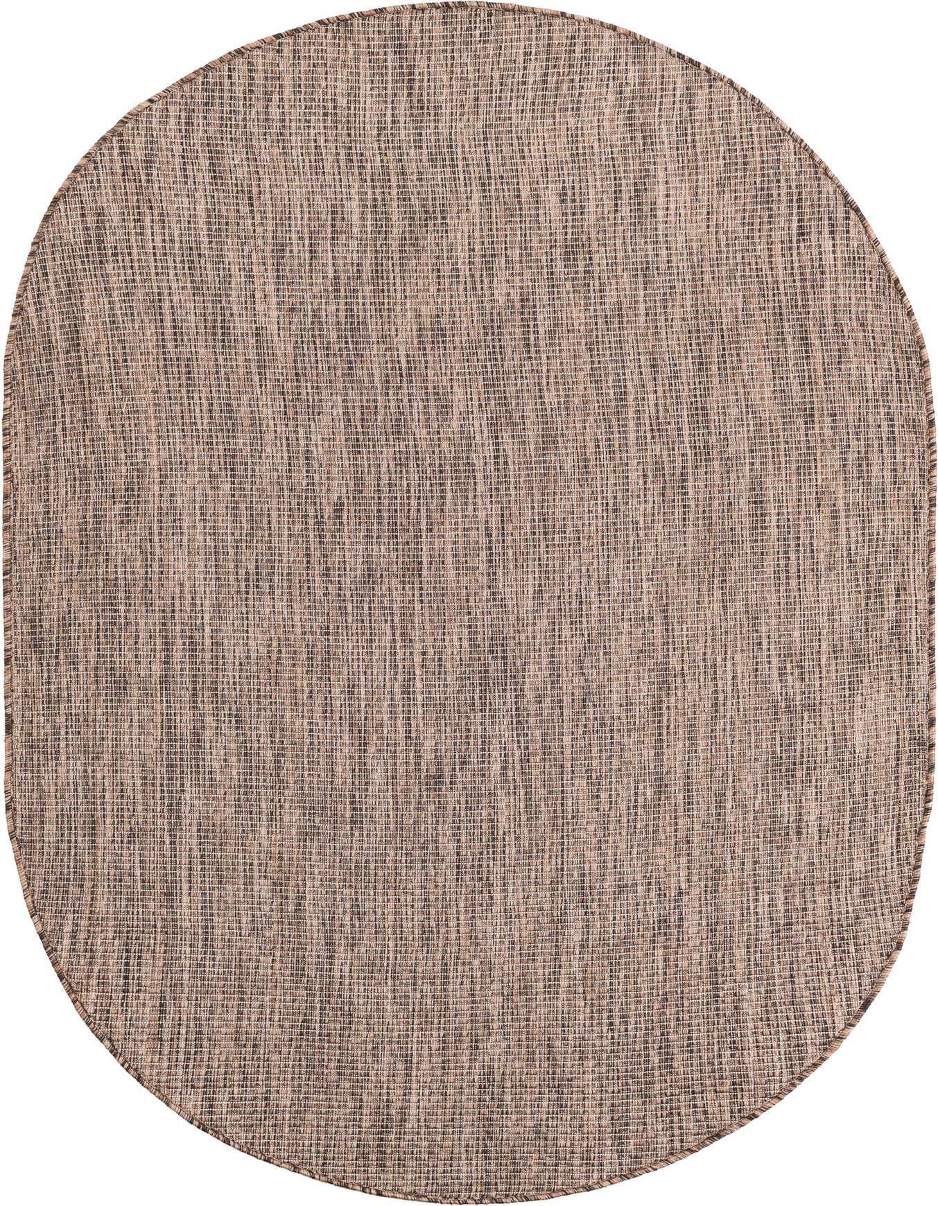 A 4' 1 x 6' 1 oval brown and tan flatweave rug with a textured, modern solid pattern, suitable for indoor or outdoor use.