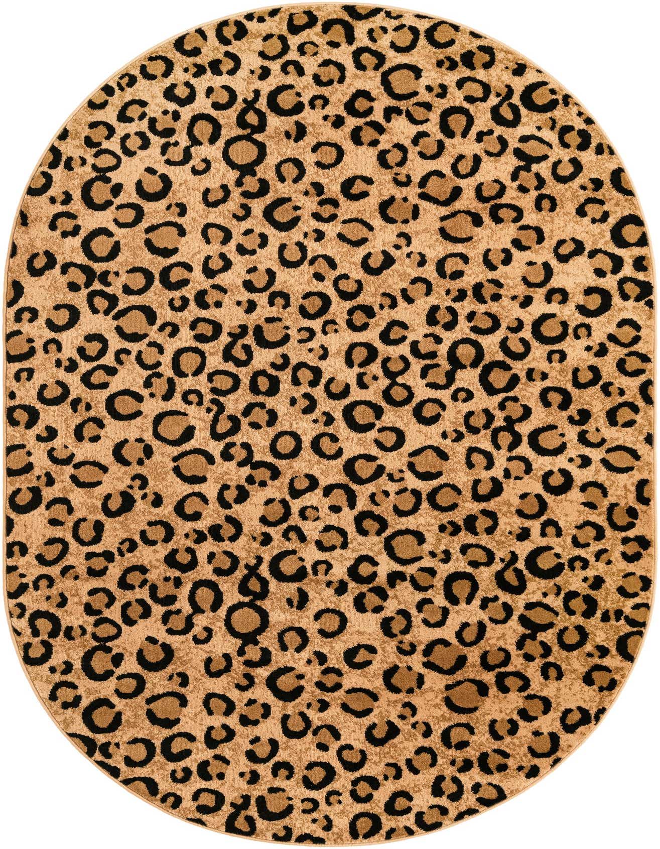 An oval 5' 3 x 8' 0 Savannah Collection rug featuring a modern brown and tan leopard print pattern.