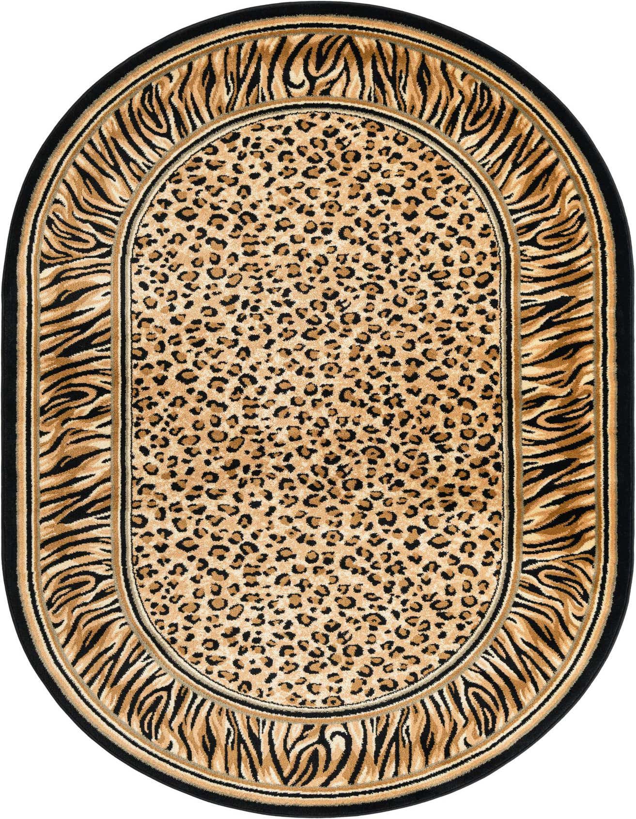 An oval 5' 3 x 8' 0 Savannah collection rug featuring a tan and brown leopard print center with a black and tan zebra print border.