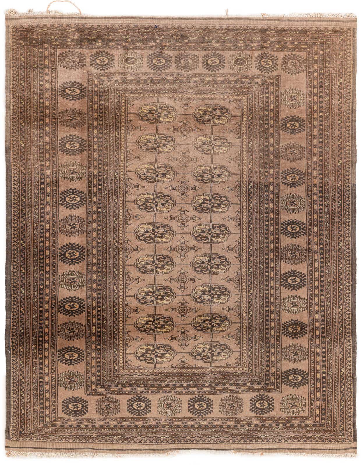 A 4x6 rectangular Afghan Akhche rug in browns and tans with a tribal, oriental pattern and thin pile.