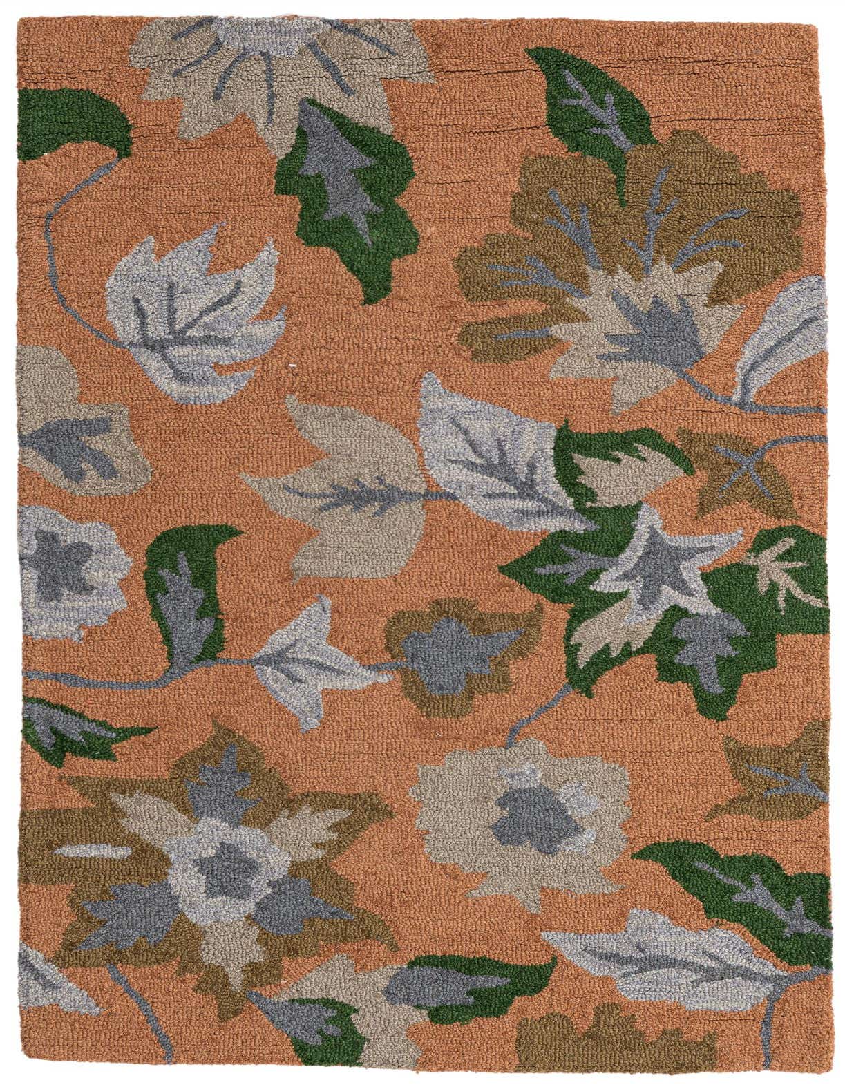 A 3x5 rectangular indoor rug with a modern floral pattern in shades of brown, tan, gray, and dark green on an orange background.