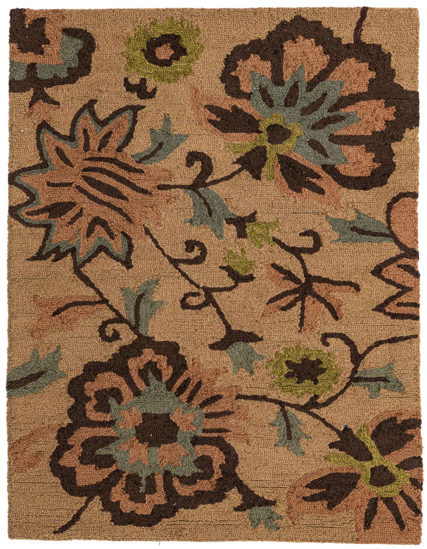 A 4x6 rectangular Agra rug with a modern floral pattern in shades of brown, tan, green, and blue on a high pile.