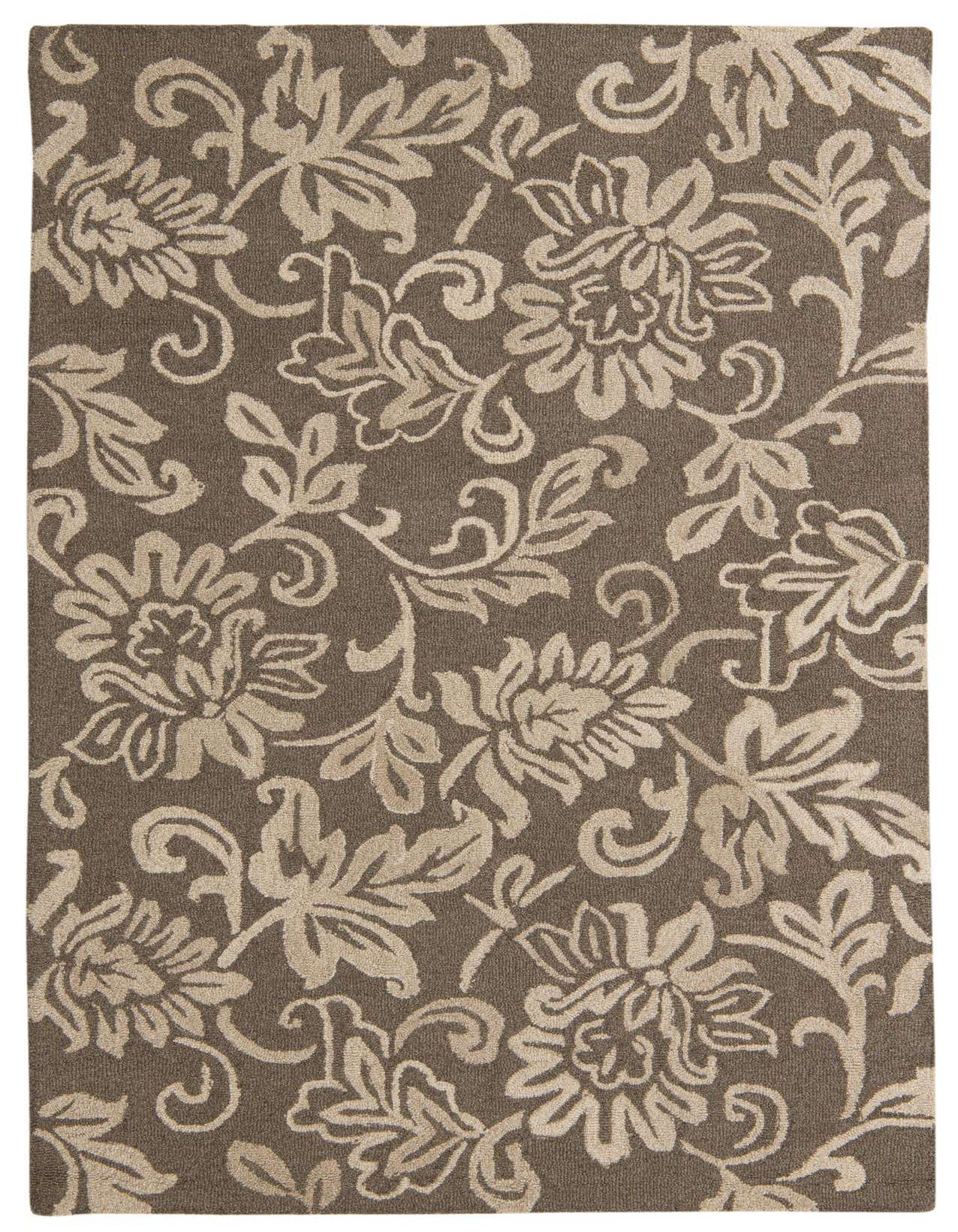 A 5x8 rectangular brown modern area rug with an intricate tan floral and vine pattern, handmade from wool and cotton.