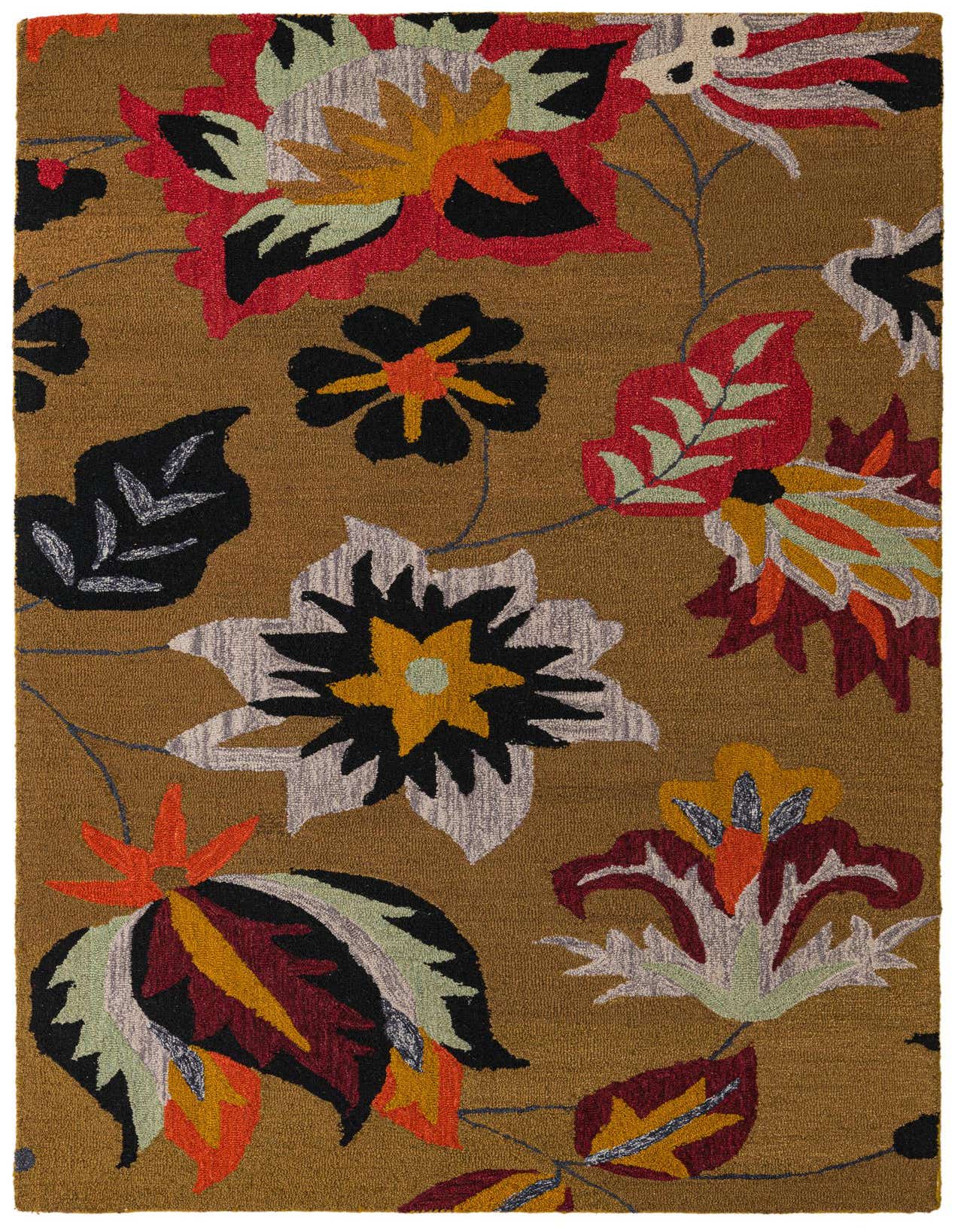 A 5x8 rectangular brown wool rug with a vibrant floral and botanical pattern, featuring large red, black, orange, and green flowers and leaves.