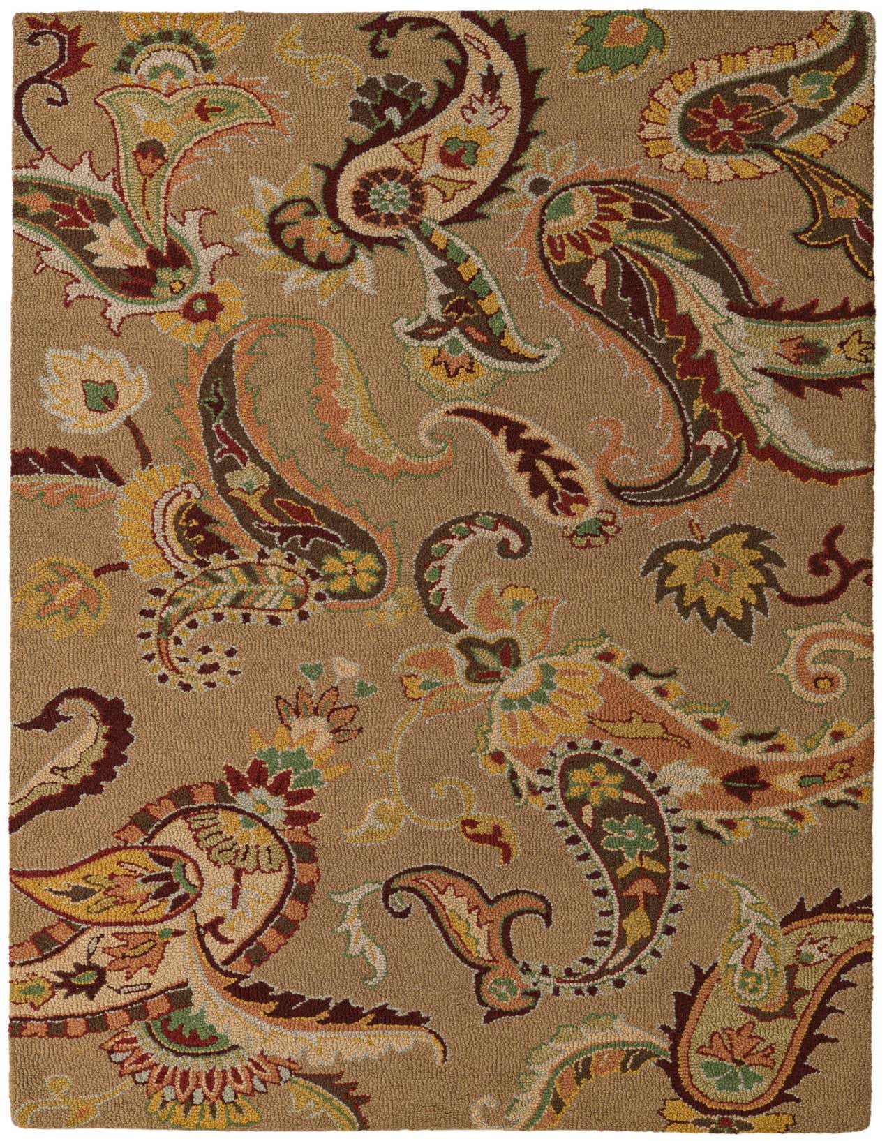 A 5x8 rectangular indoor rug with a modern paisley pattern in shades of brown, tan, green, and orange.