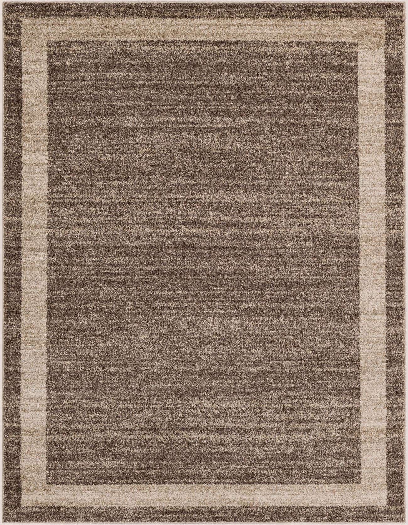 A 5x8 rectangular brown area rug with a subtle tan border, featuring a textured, solid contemporary pattern.
