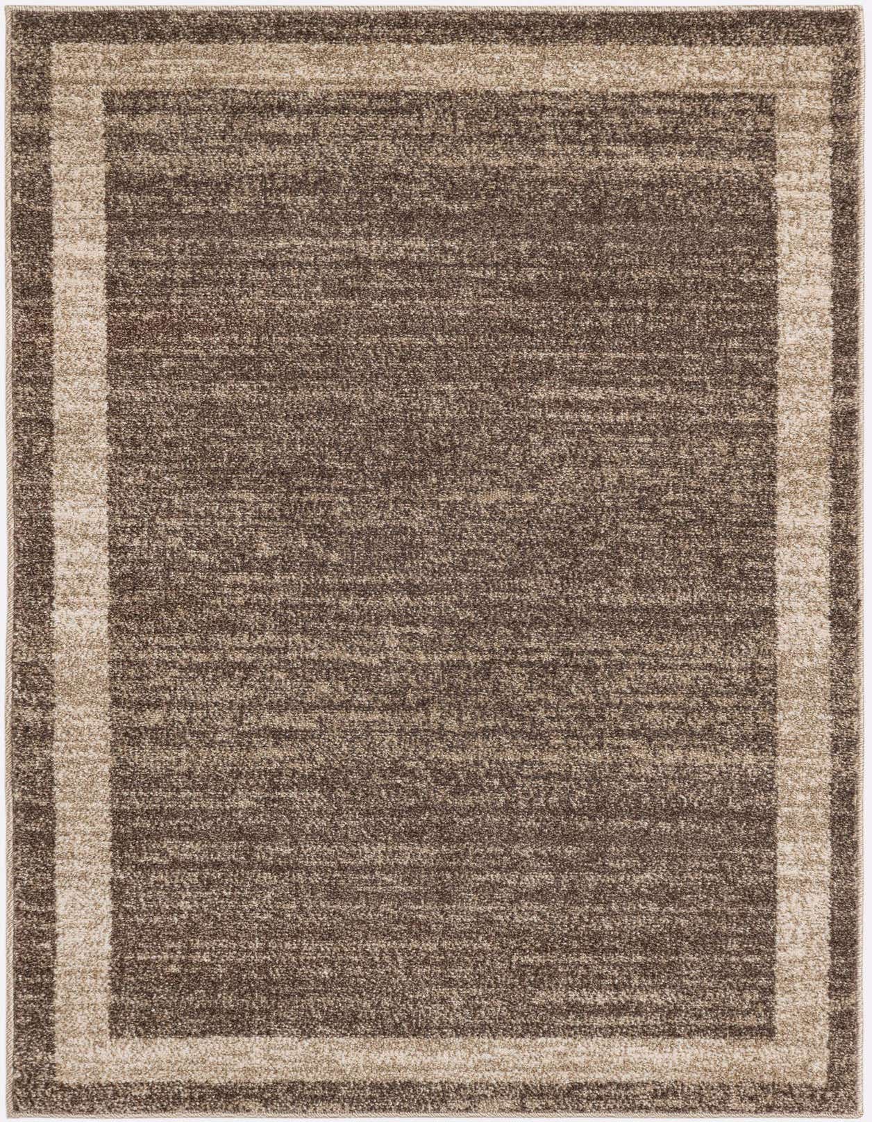 A 3x5 rectangular brown and tan area rug with a subtle striped border, perfect for a kitchen or entryway.