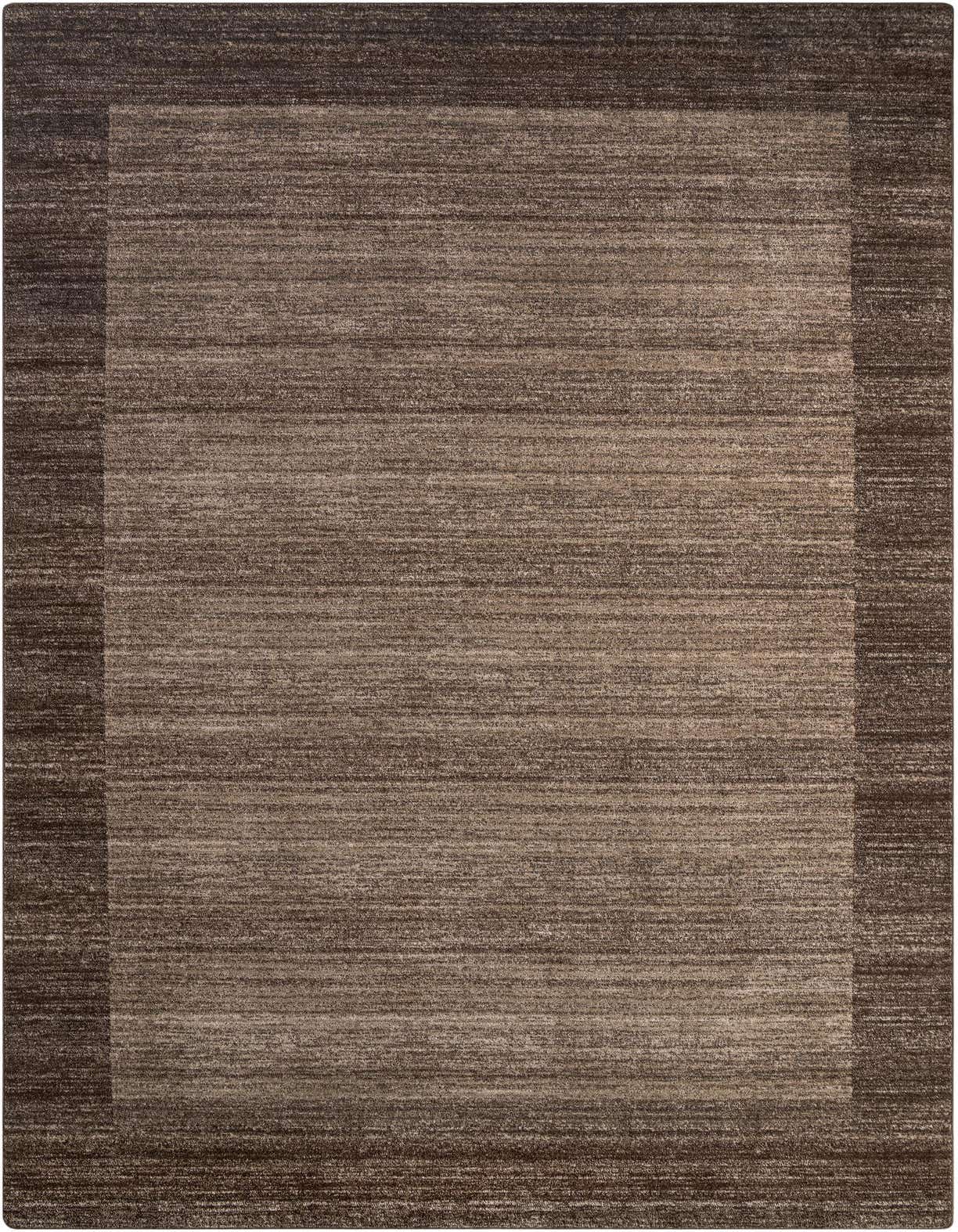 A 10x16 rectangular brown modern area rug with an abstract, subtle striped pattern and a darker brown border.