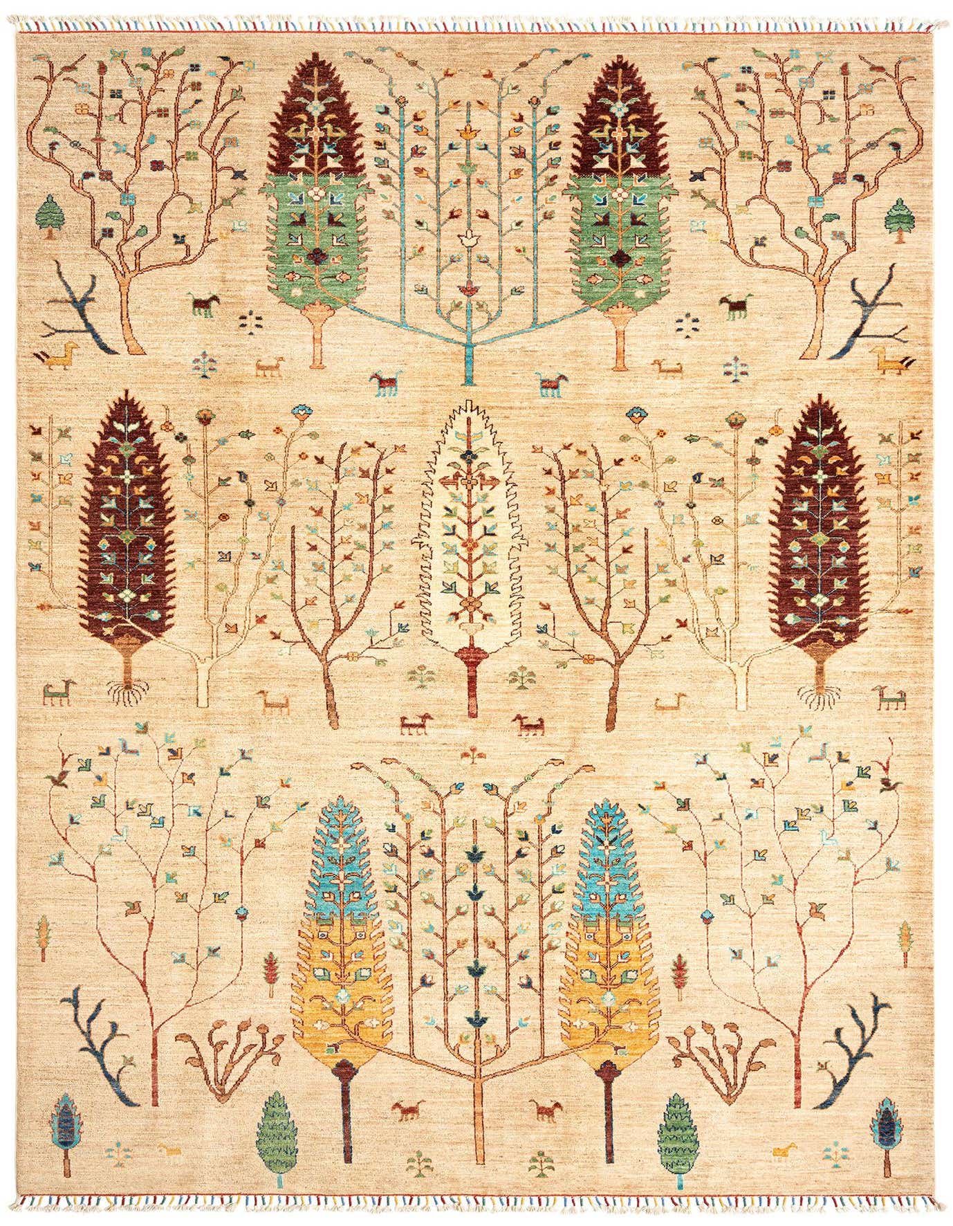 A 7x10 rectangular Ariana Persian wool rug featuring a tree of life pattern with colorful trees and small animals on a tan background.