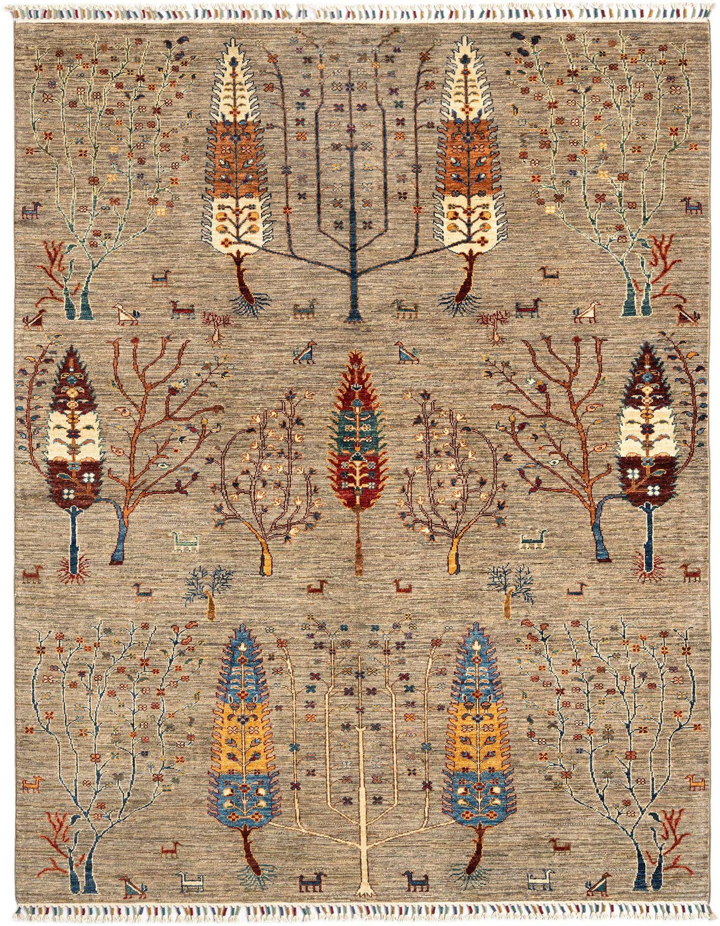 A 5x8 rectangular Ariana Ziegler Persian rug with a brown and tan field, depicting a tree of life pattern with colorful trees and small animals.
