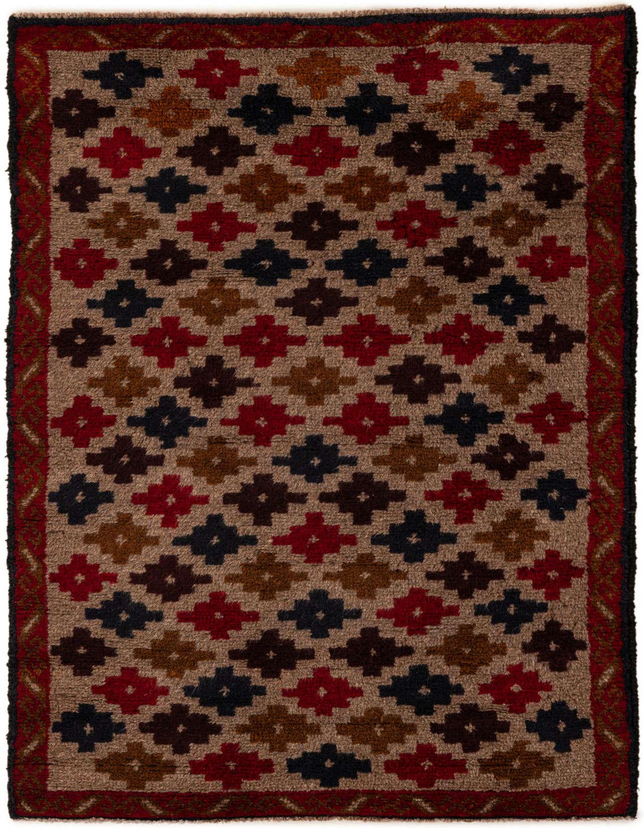 A 3x4 rectangular Balouch rug with a tribal Persian pattern in shades of brown, tan, red, and dark blue.