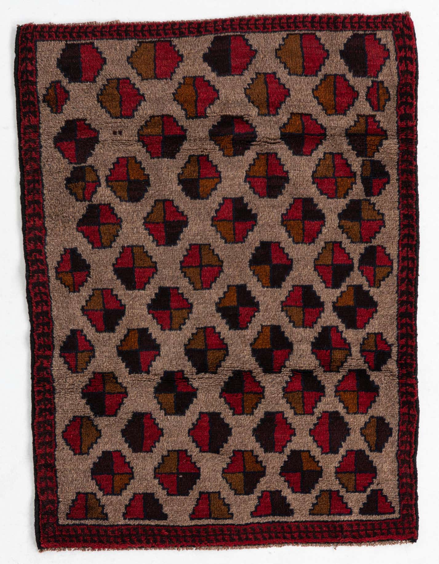 A 3x4 rectangular Balouch rug with a brown and tan background, featuring a repeating pattern of red, brown, and black geometric shapes, and a red border.