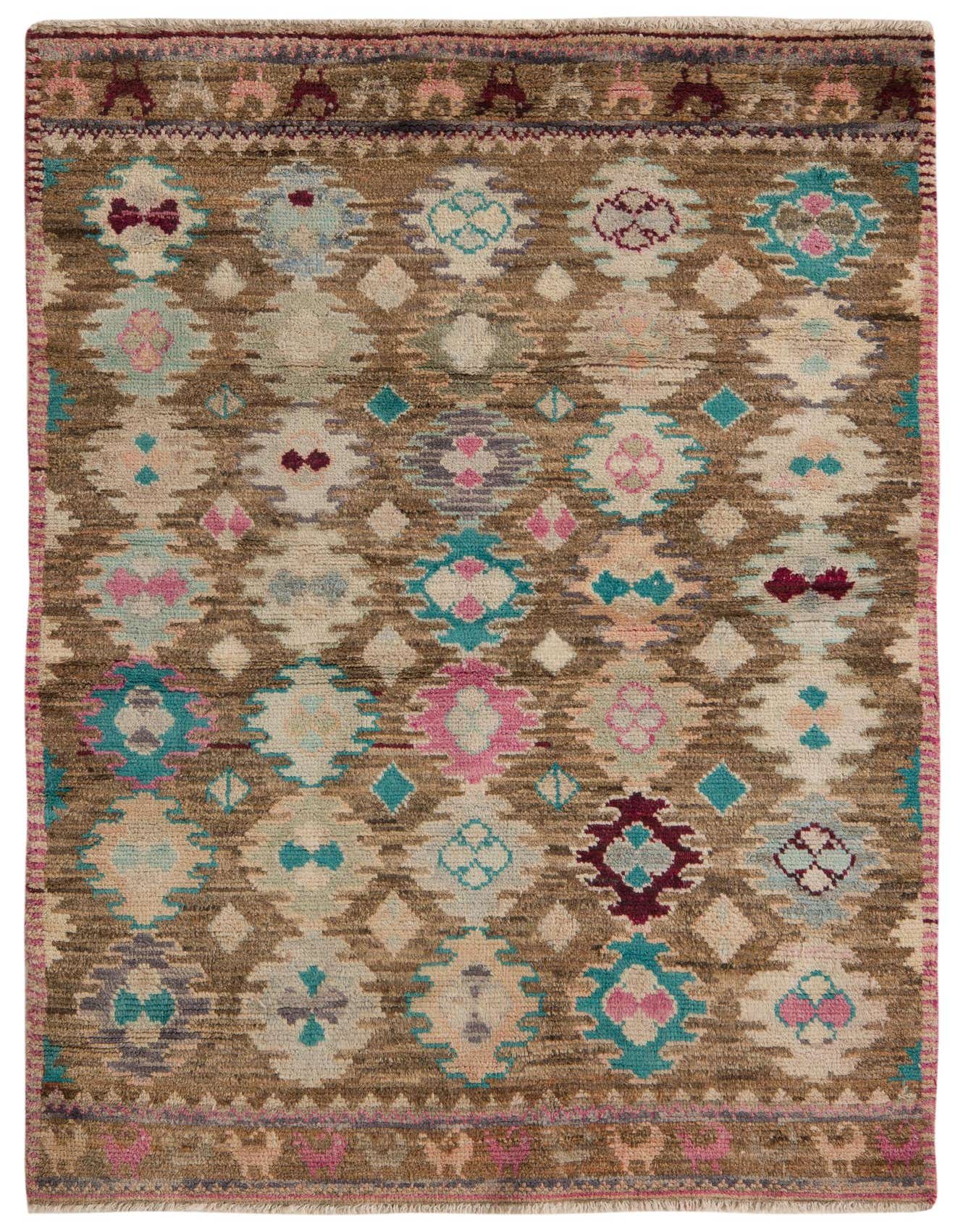 A 4x6 rectangular Balouch tribal rug in shades of brown, tan, and cream with colorful abstract patterns.