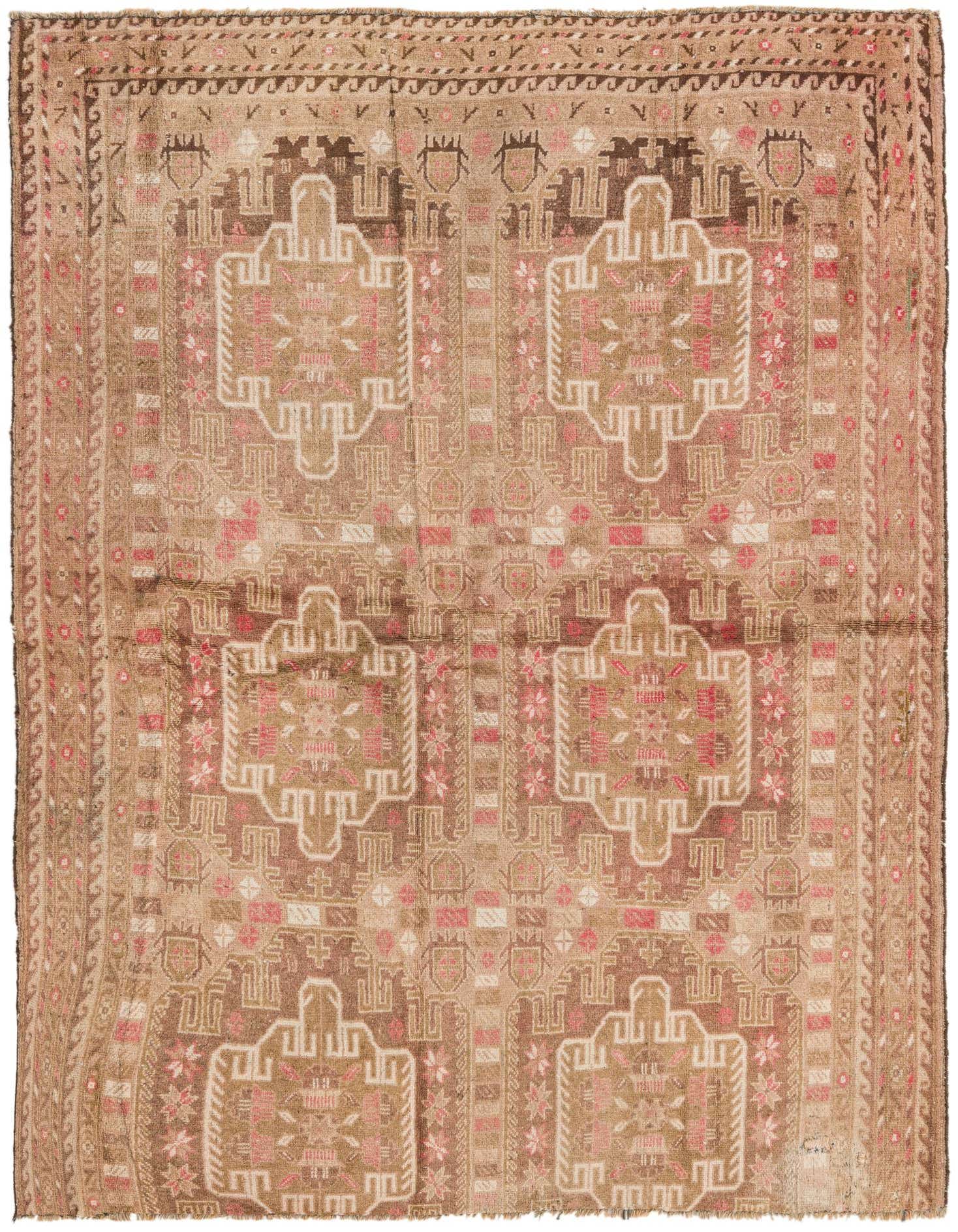 A 4x6 rectangular Balouch rug in shades of brown and tan with intricate tribal Persian patterns, handmade from wool.