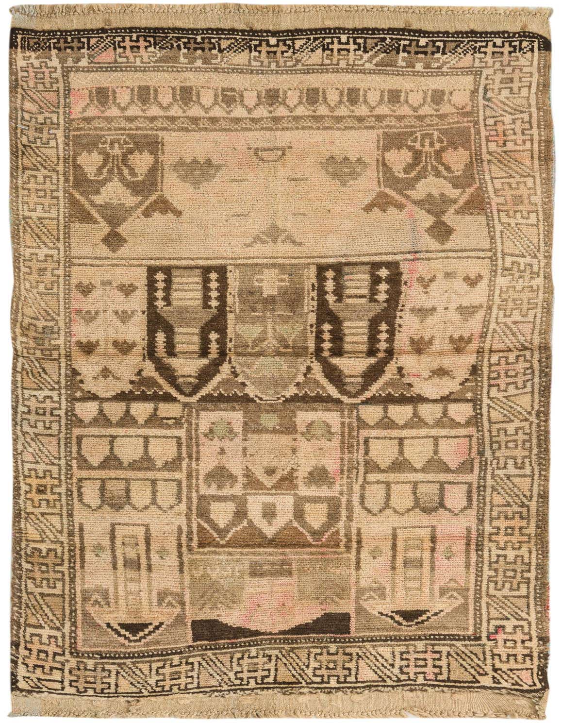 A 3x5 rectangular Balouch rug with traditional Persian, tribal patterns in shades of brown and tan, featuring intricate geometric and stylized motifs.
