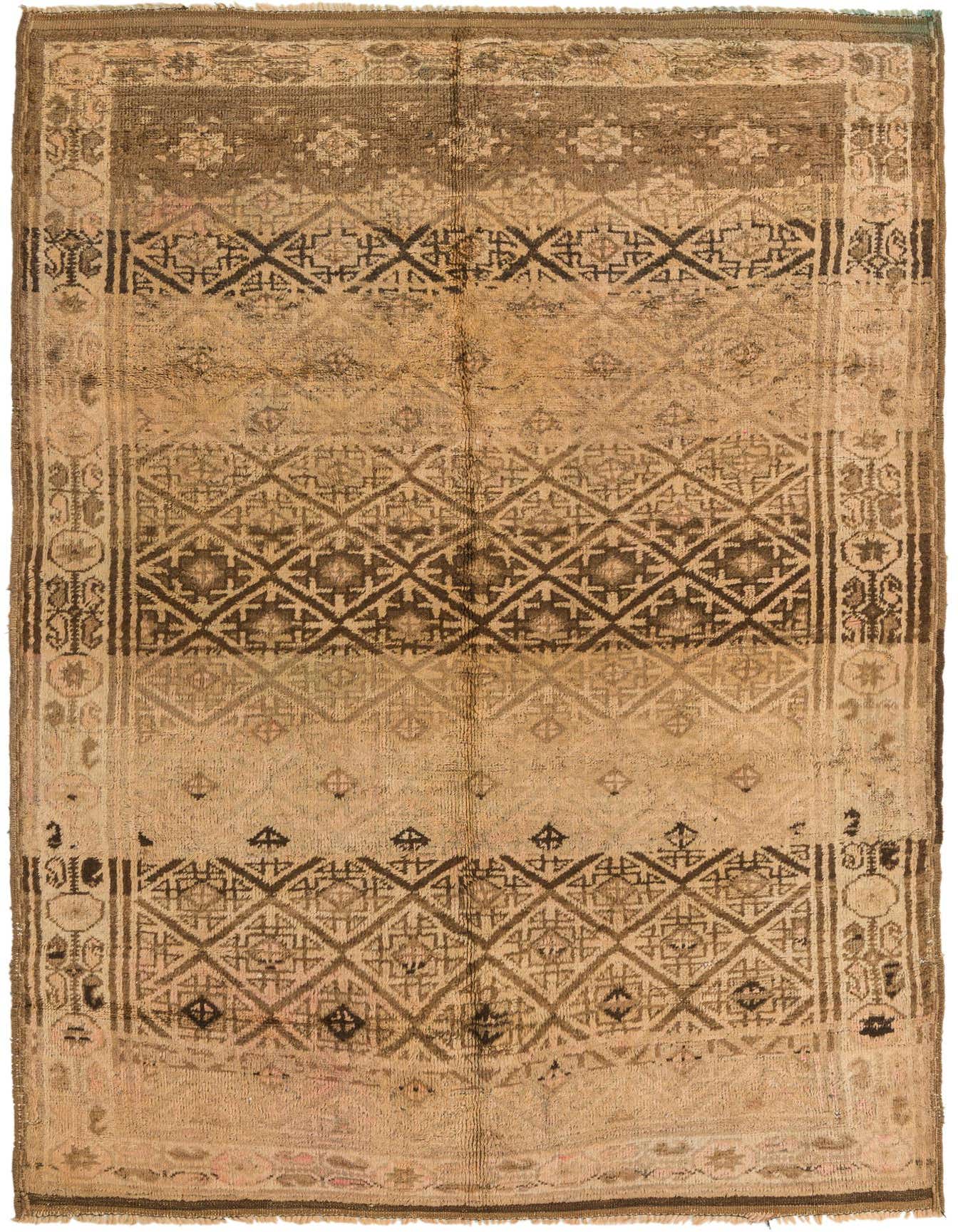 A 5x8 rectangular Balouch rug in shades of brown and tan, featuring traditional tribal patterns.
