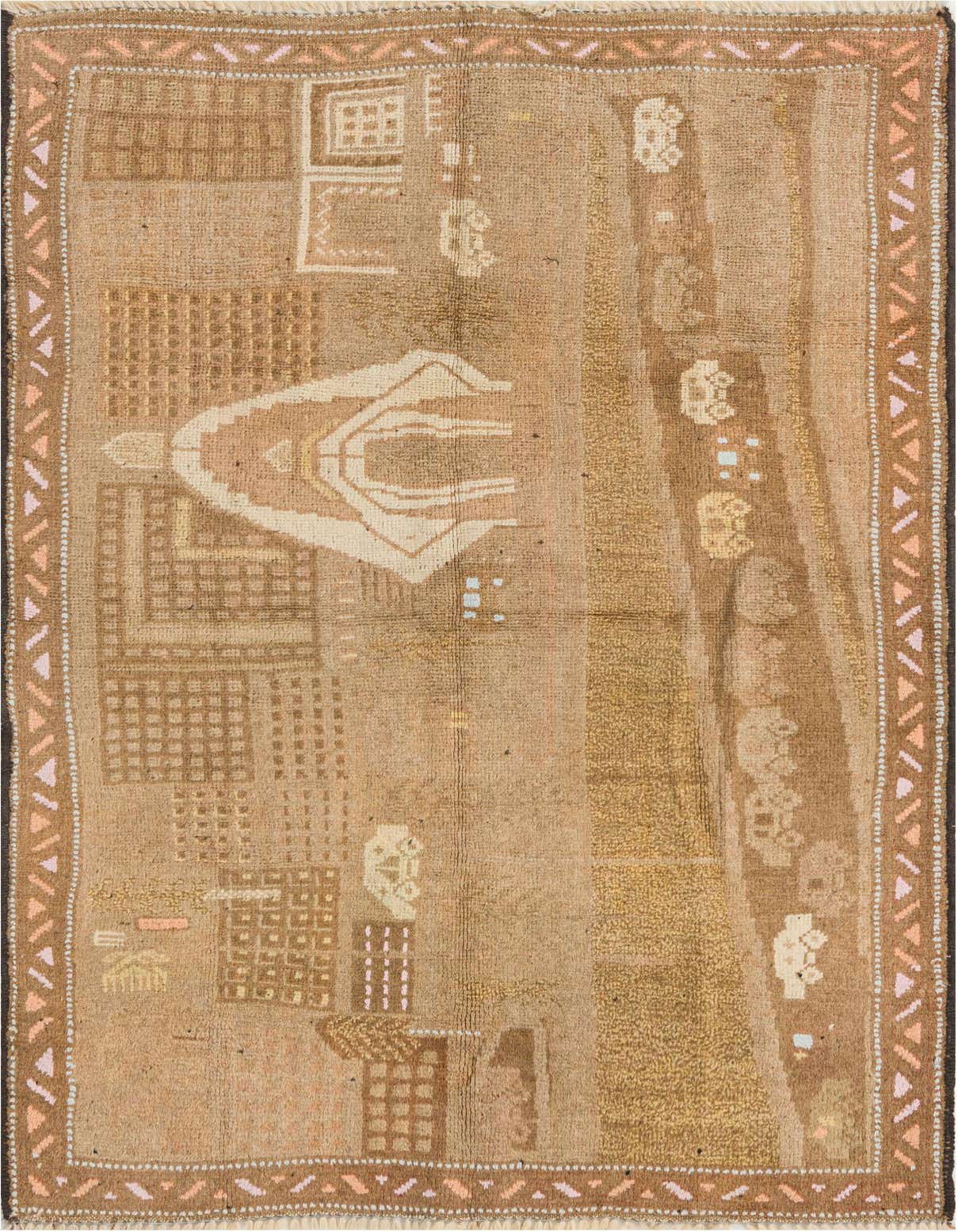 A 3x5 rectangular Balouch rug in shades of brown and tan, featuring traditional Persian tribal patterns and a thin pile.