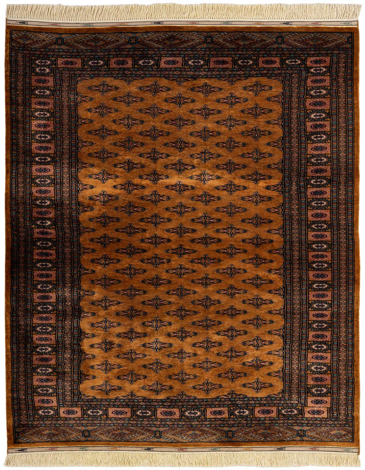 A 4x6 rectangular brown and tan tribal wool rug with a traditional Oriental pattern and decorative border.