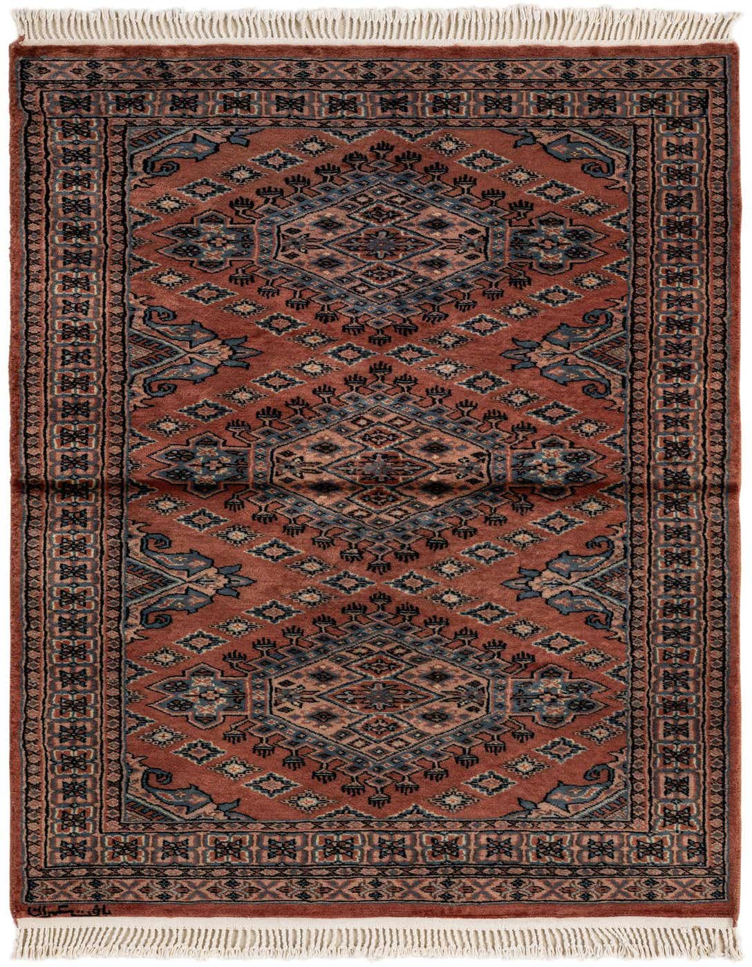 A 3x5 rectangular Bokhara rug in shades of brown and tan, featuring a traditional tribal medallion pattern with fringe.