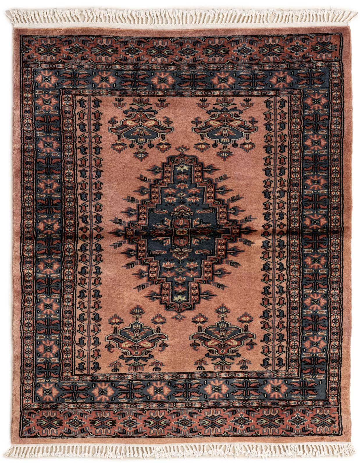 A 3x5 rectangular Bokhara rug in shades of brown and tan, featuring a central medallion and tribal patterns, perfect for an entryway.