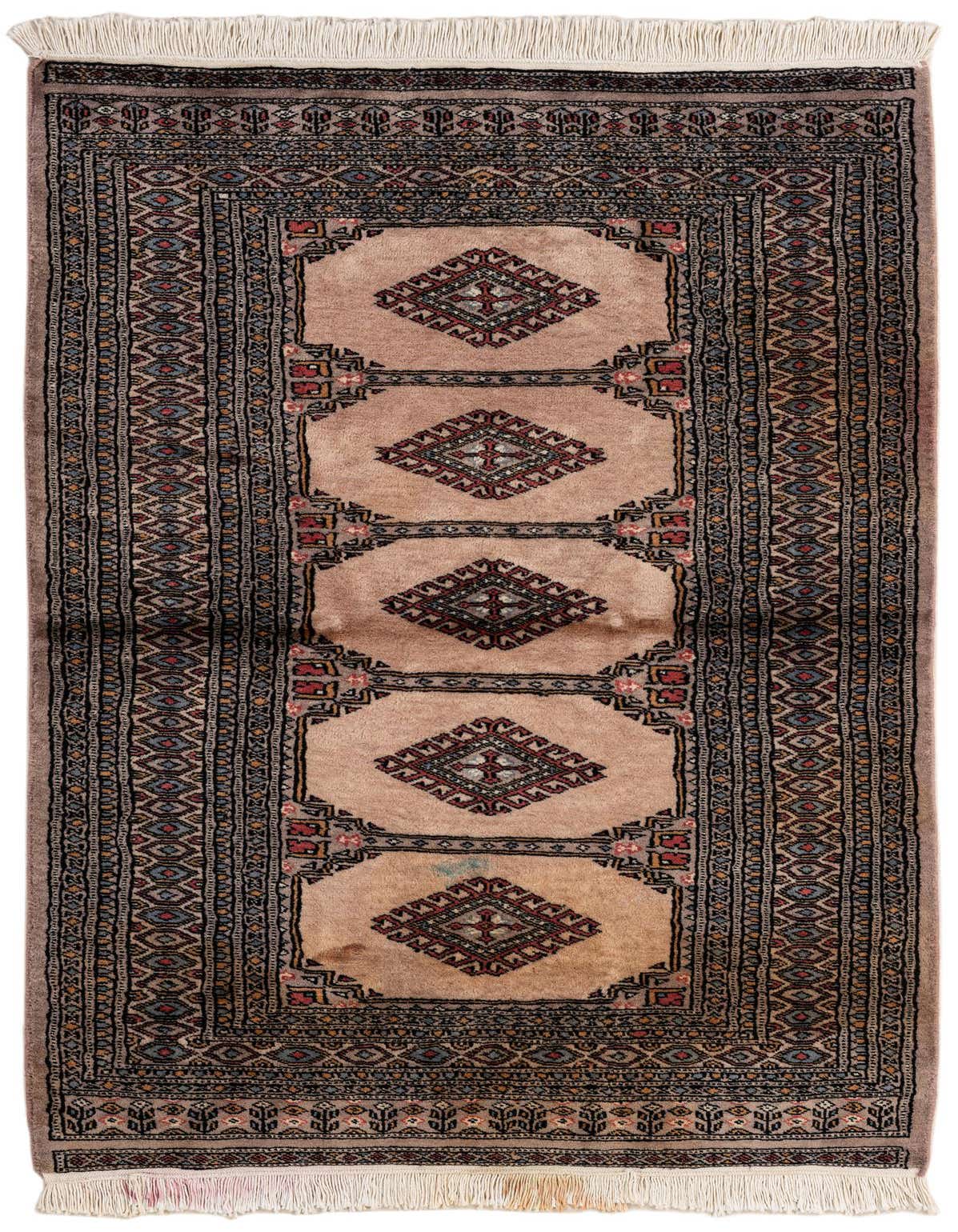 A 3x5 rectangular Bokhara rug in shades of brown and tan, featuring a tribal medallion pattern and fringe.