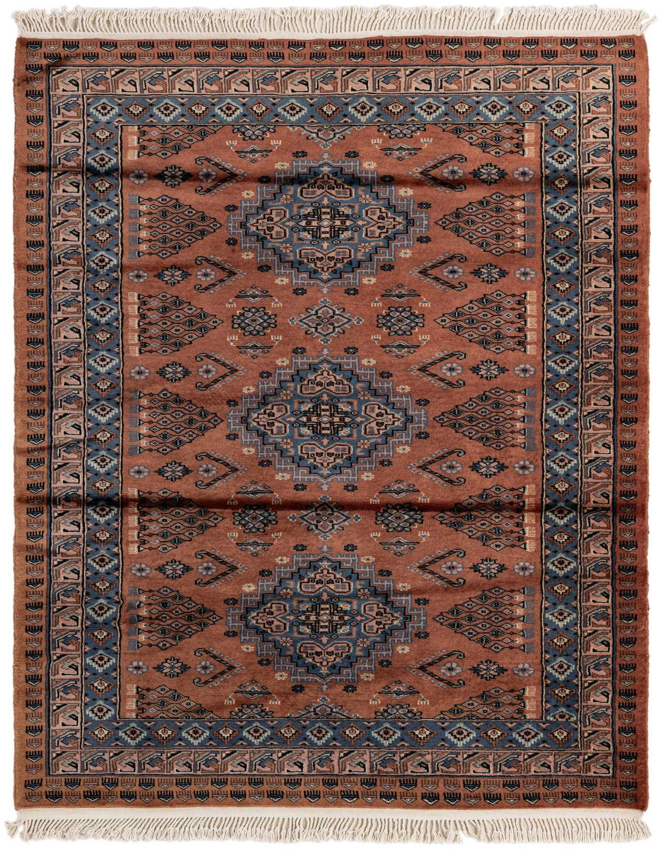 A 4x6 rectangular Bokhara rug with a traditional tribal pattern in shades of brown, tan, and blue, featuring a central medallion and intricate borders.
