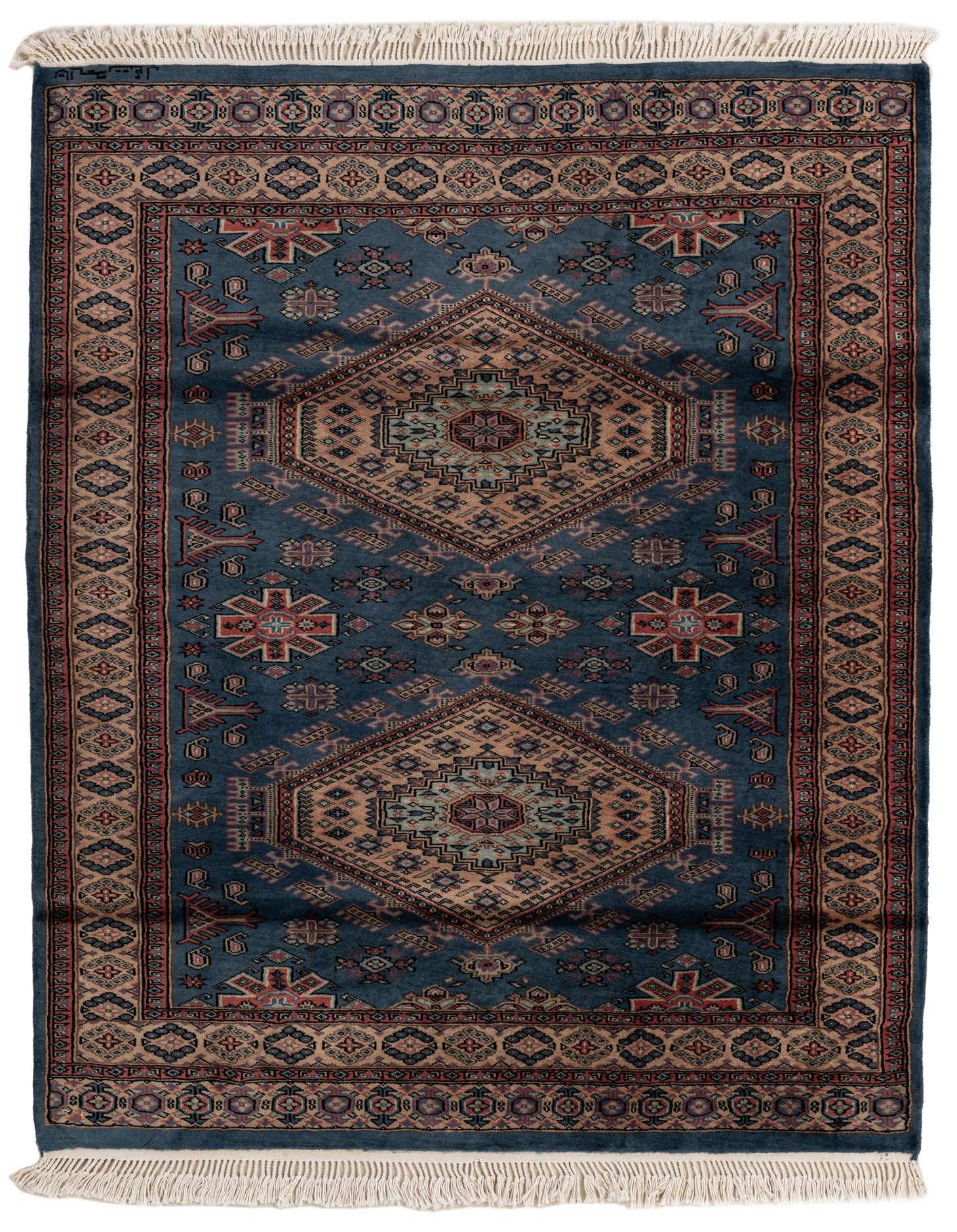 A 4x6 rectangular Bokhara rug with a deep blue field and intricate brown, tan, and red tribal patterns, featuring two large central medallions and a detailed border, suitable for an indoor living room.