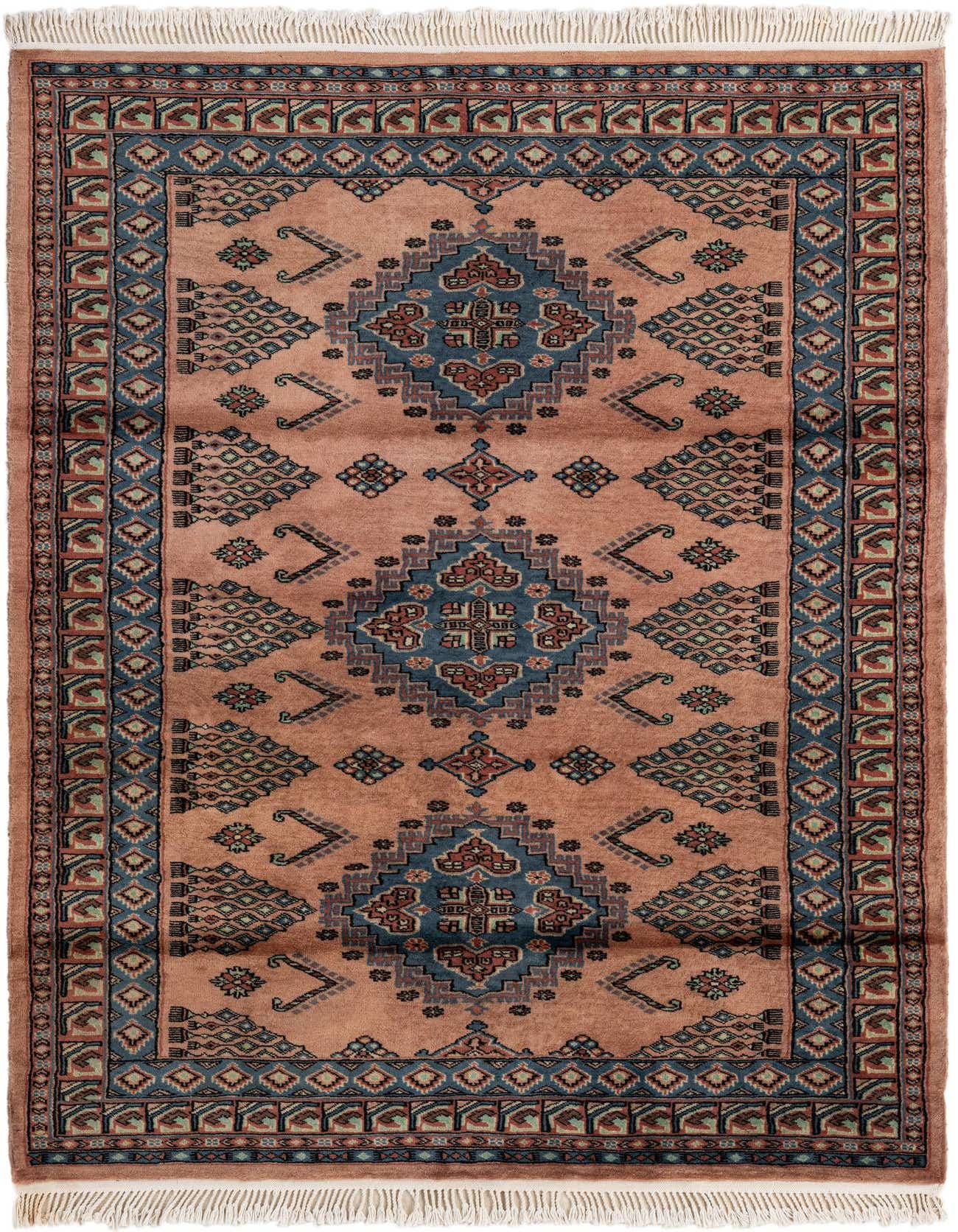 A 4x6 rectangular brown tribal rug with intricate blue and red geometric patterns and a decorative border.