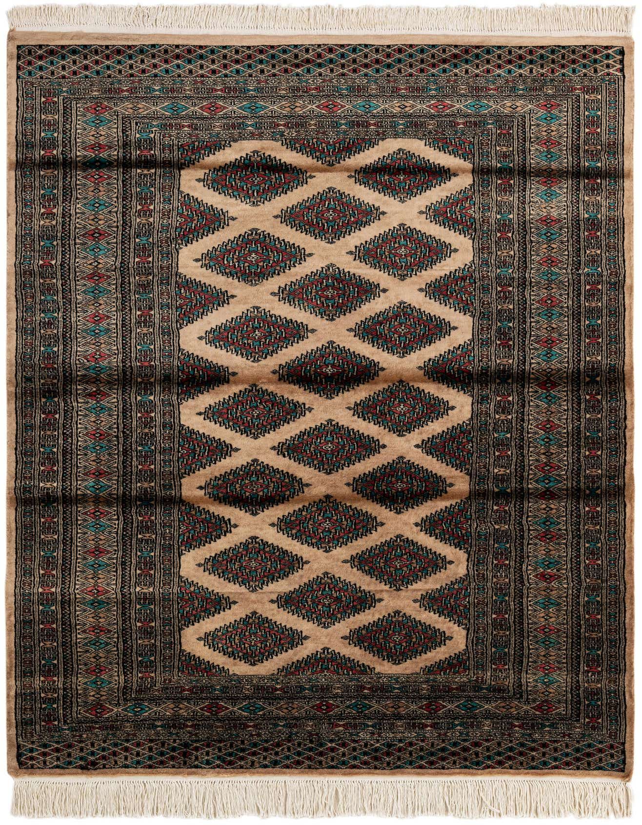 A 4x6 rectangular Bokhara rug with a tan field, featuring rows of red and teal tribal diamond motifs, framed by a dark brown border with intricate patterns and white fringe.