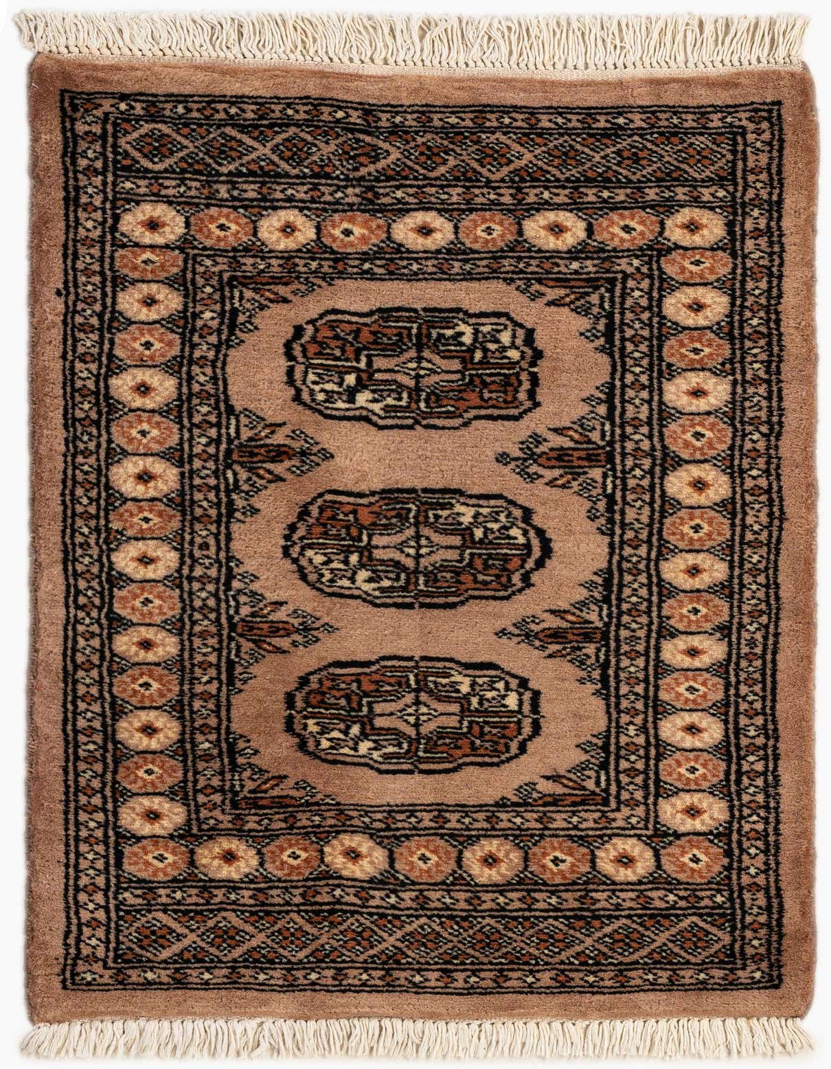 A 2x3 rectangular Bokhara rug with a traditional tribal pattern in various shades of brown and tan, featuring a central medallion design and decorative borders, suitable for an entryway.