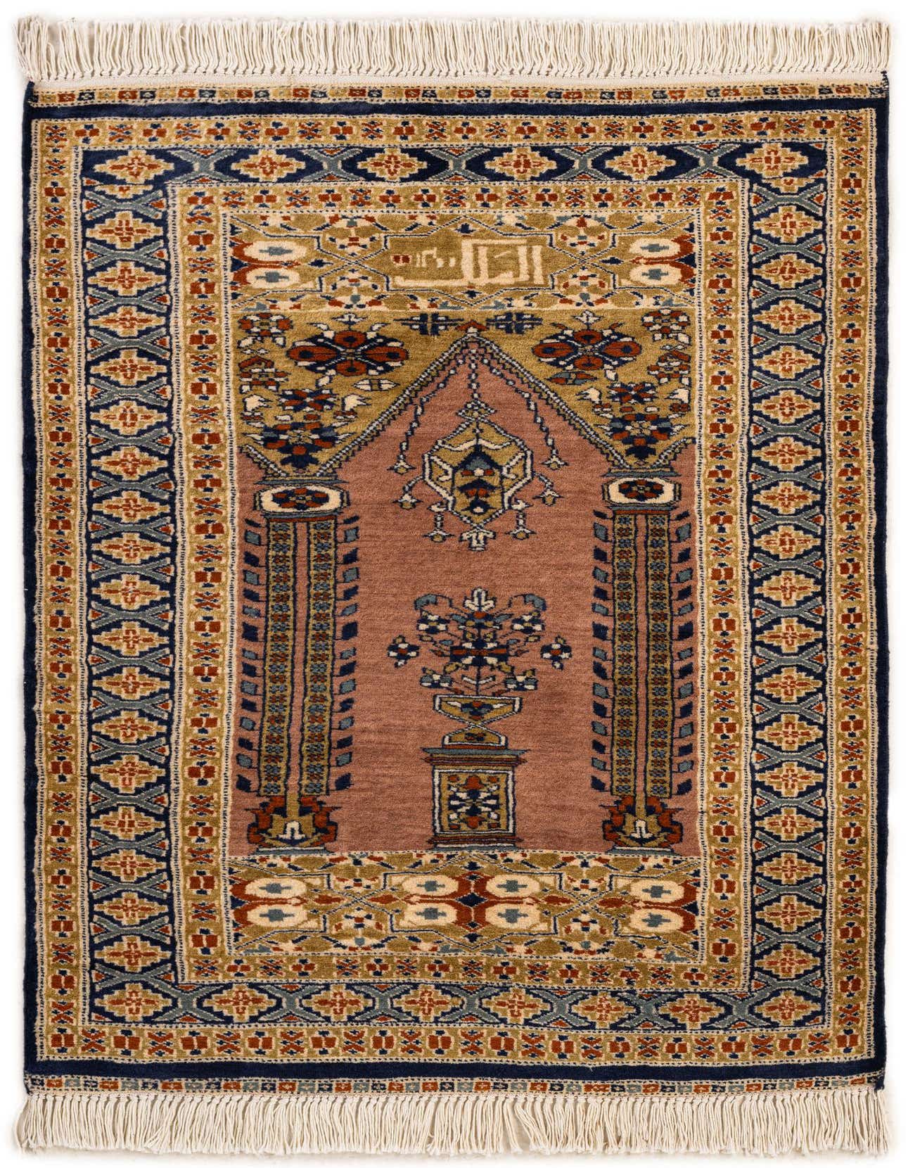A 3x4 rectangular Bokhara rug with a traditional tribal pattern in browns, tans, and blues, featuring a central mihrab design and intricate borders, suitable for indoor spaces.