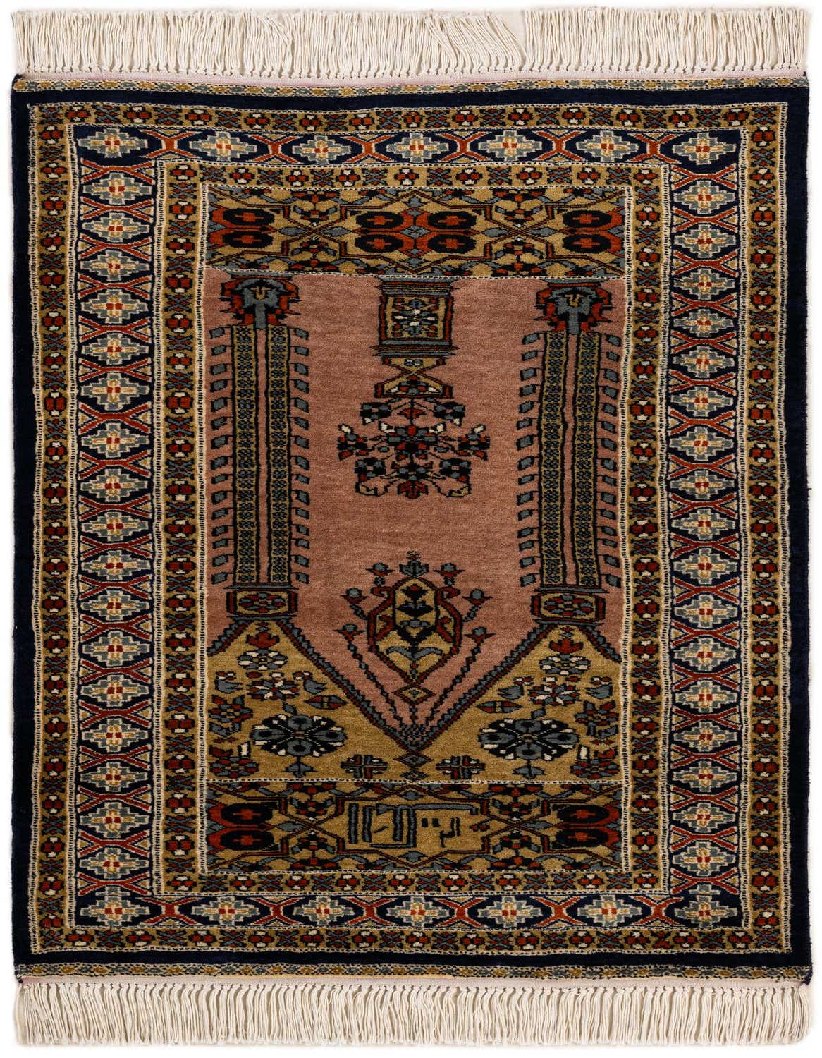 A 3x4 rectangular Bokhara rug with a central medallion, featuring intricate tribal patterns in browns, tans, blues, and reds.