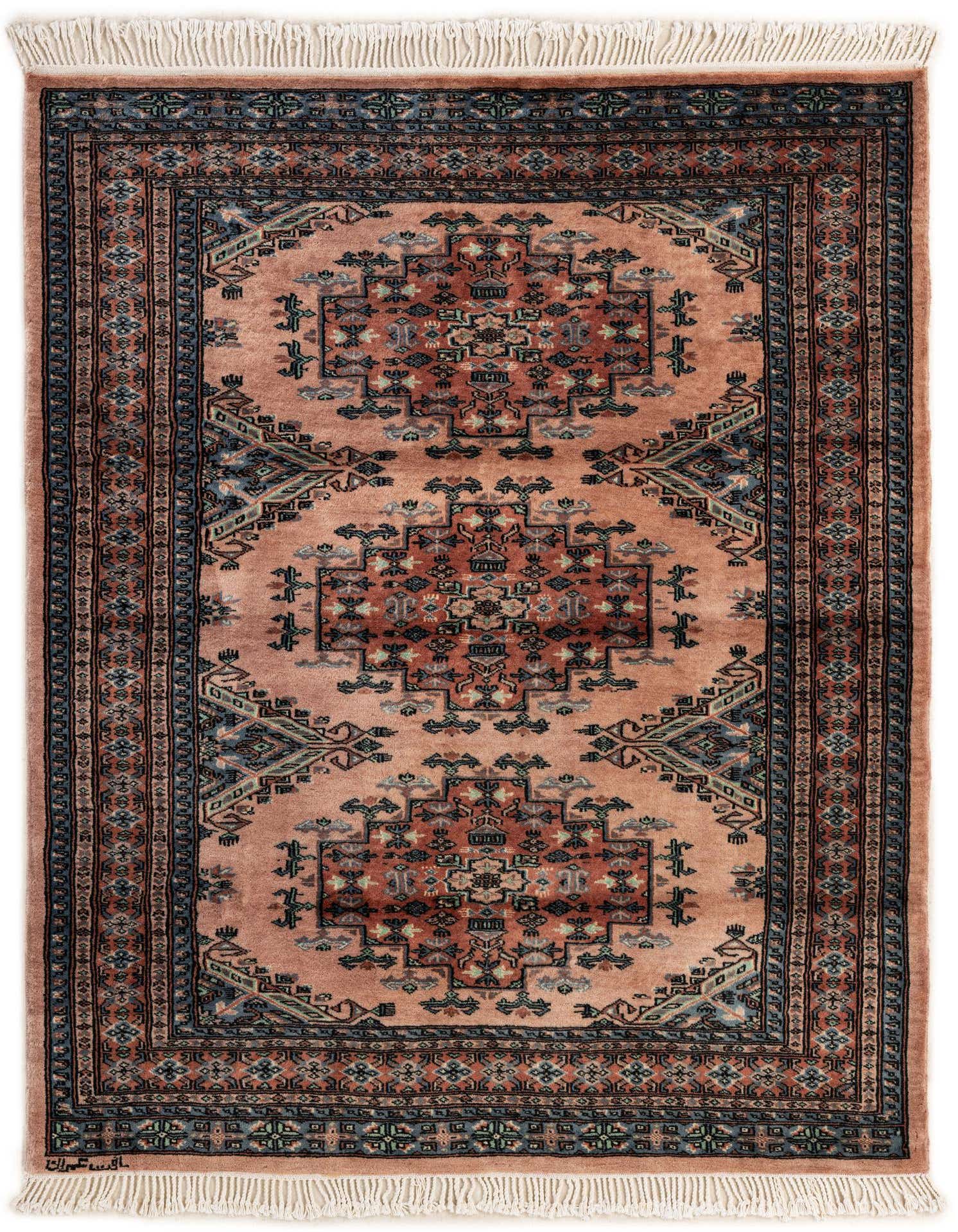 A 4x6 rectangular Bokhara rug with a central medallion and tribal patterns in shades of brown, tan, and blue.