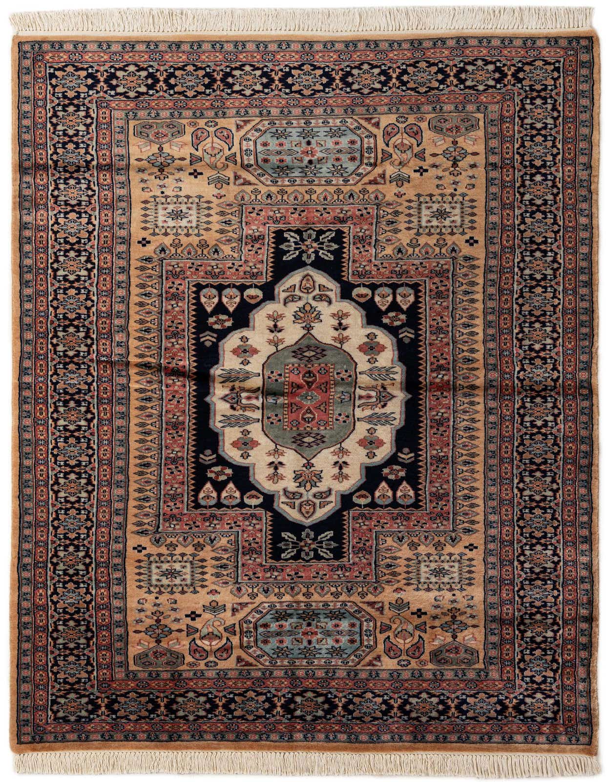 A 5x8 rectangular Bokhara rug with a traditional medallion pattern in shades of brown, tan, navy, and red, featuring intricate tribal motifs.