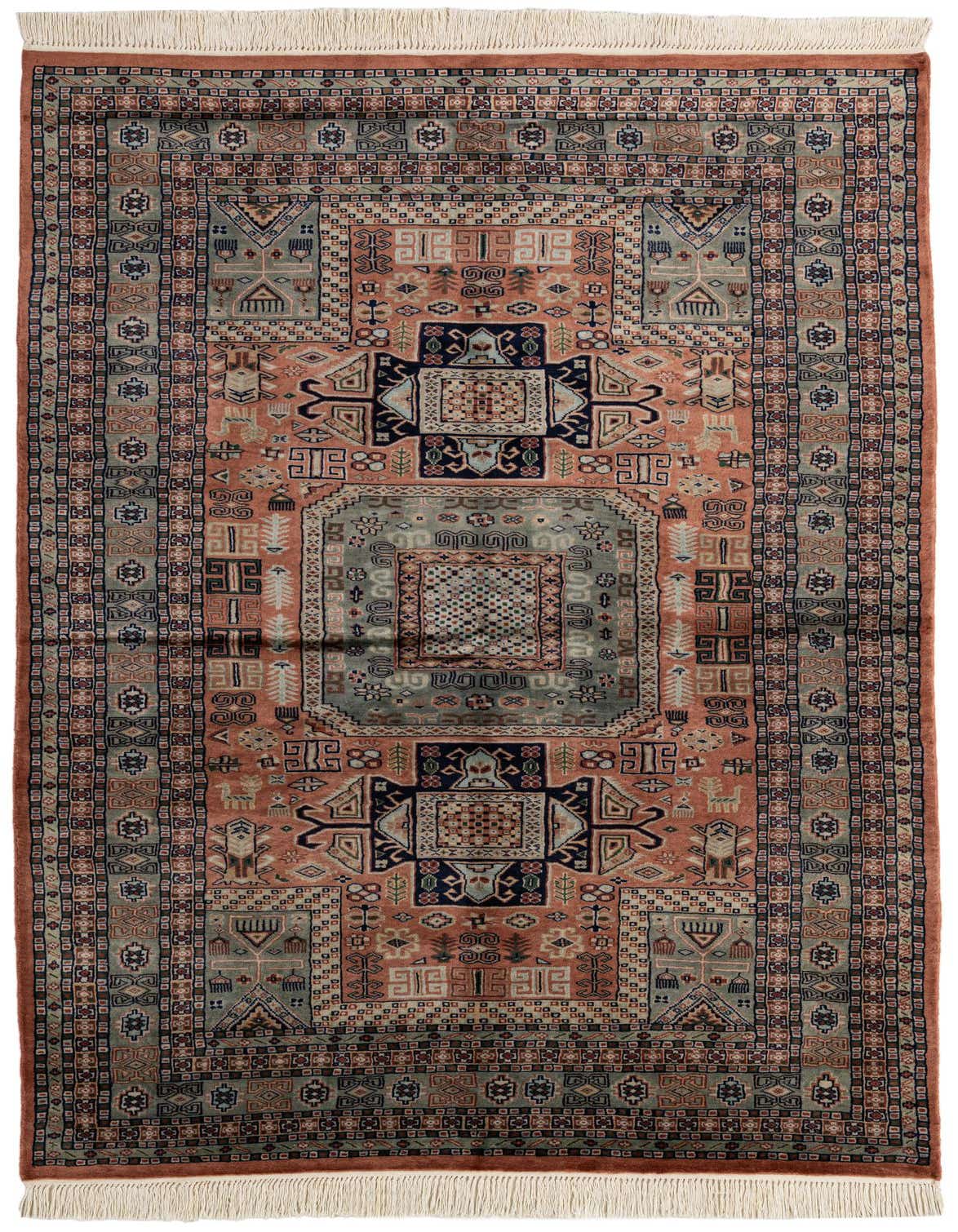 A 5x8 rectangular Bokhara wool rug featuring a traditional tribal medallion pattern in shades of brown, tan, and blue.