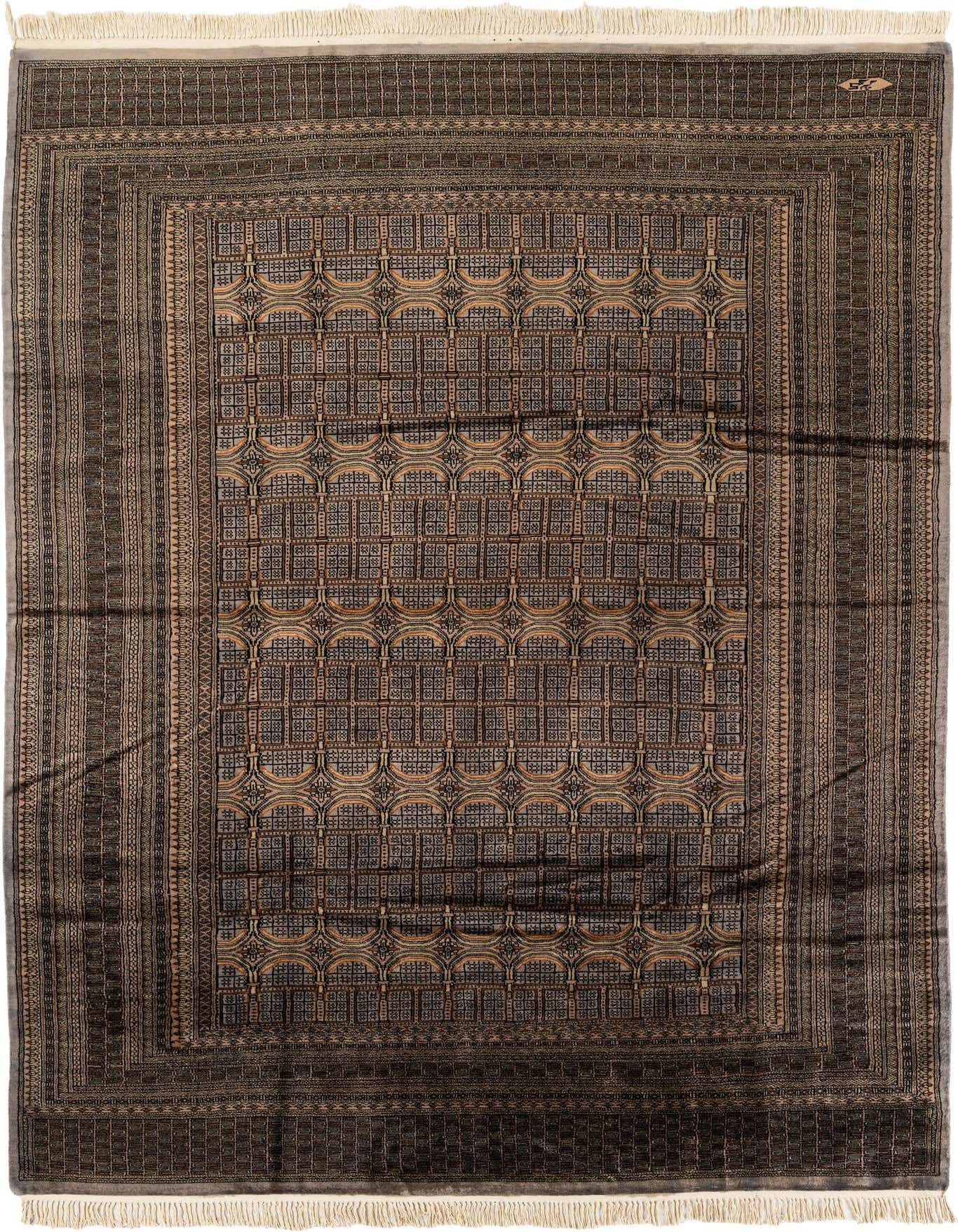 A rectangular 7x10 Bokhara rug in shades of brown and tan, featuring a detailed tribal and oriental pattern with a prominent border.