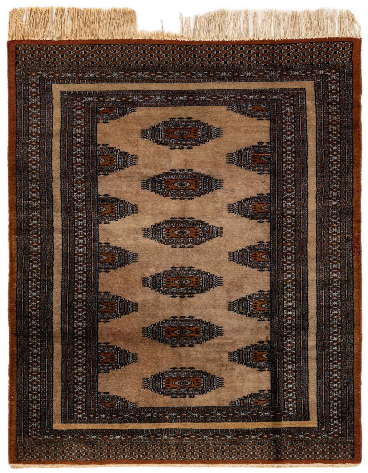 A 4x6 rectangular Bokhara wool rug in shades of brown and tan, featuring a traditional tribal pattern with geometric medallions and a detailed border.